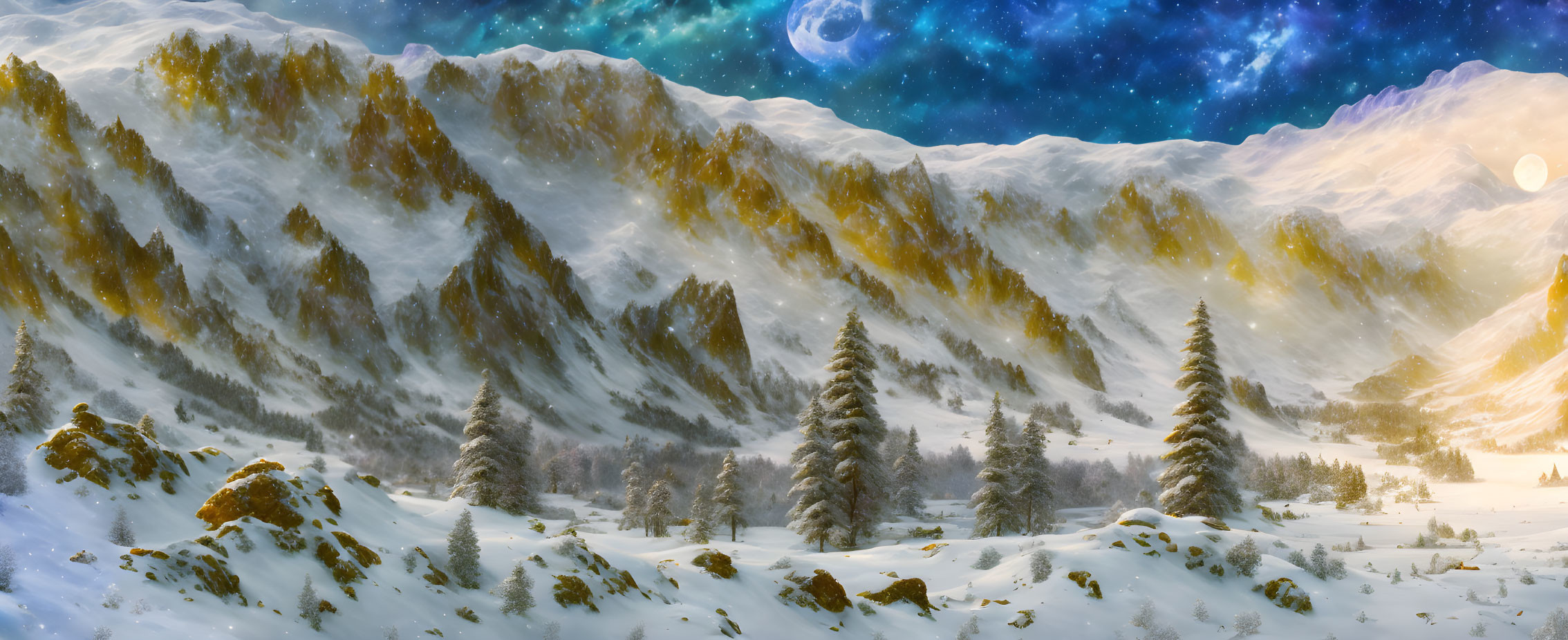 Winter Landscape with Snowy Mountains and Starry Sky