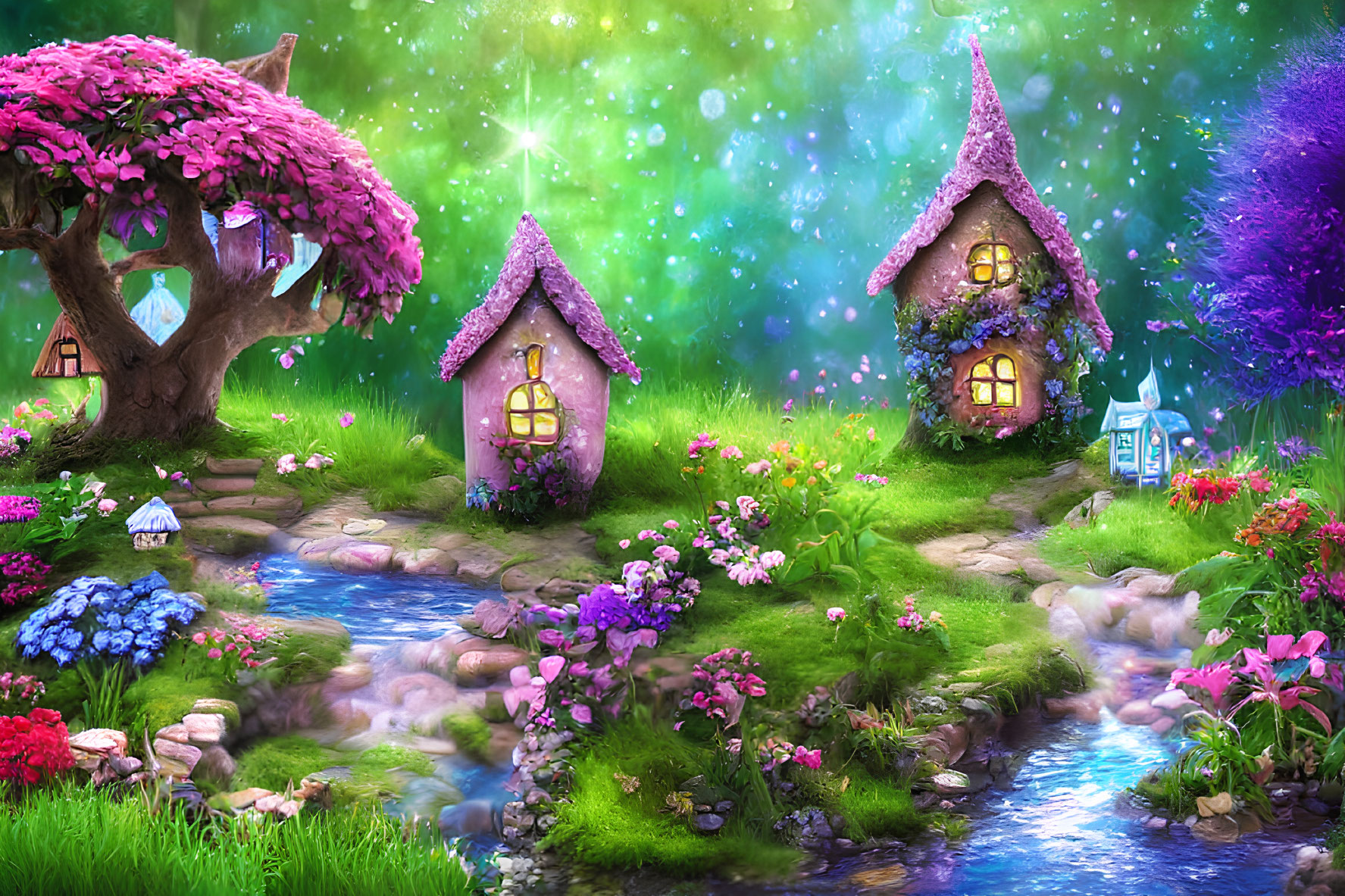 Enchanted cottages in whimsical fairy-tale landscape