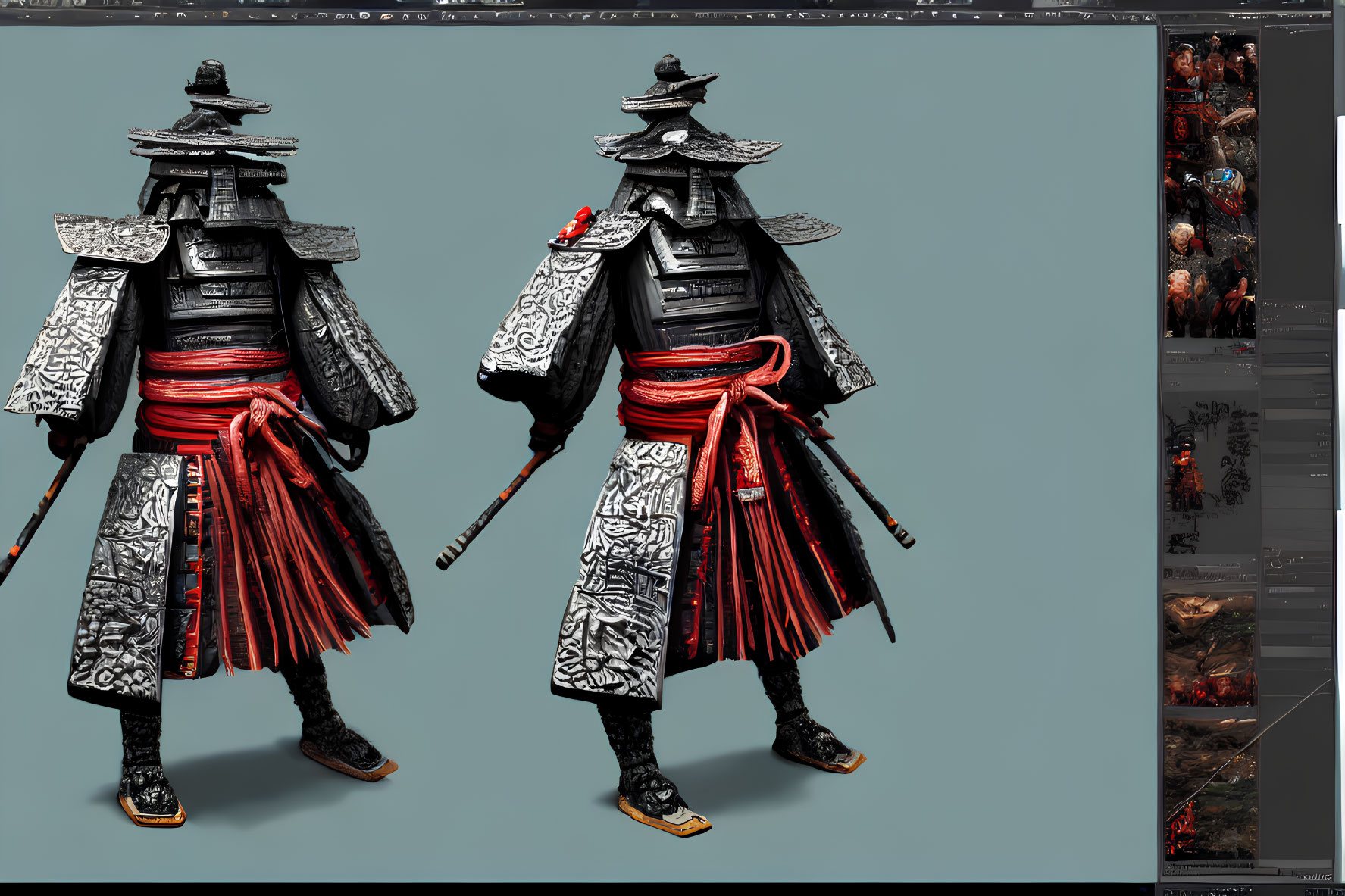 Detailed 3D model of ancient warrior in traditional Japanese samurai armor