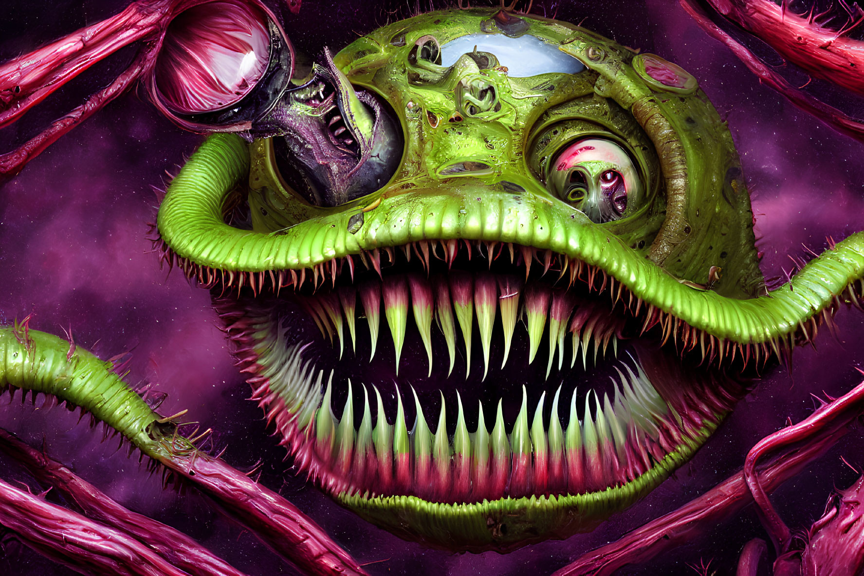 Monstrous creature with tentacles, teeth, and eyes on purple background