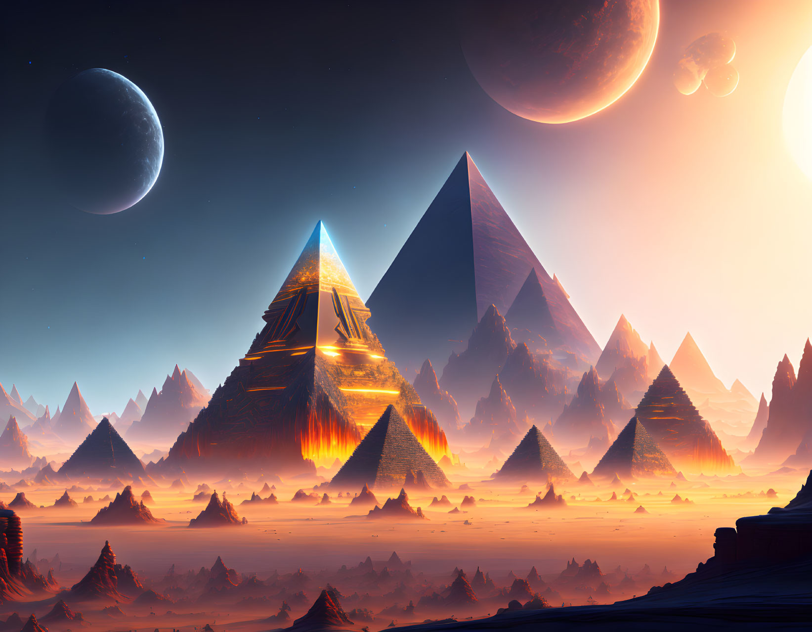 Surreal Landscape with Pyramids and Cosmic Backdrop