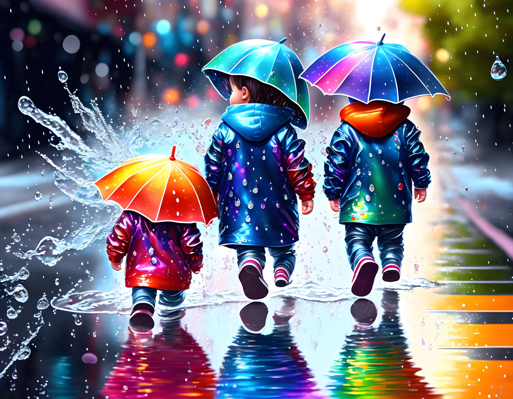 Children with colorful umbrellas walk on wet street, vibrant reflections and bokeh lights.