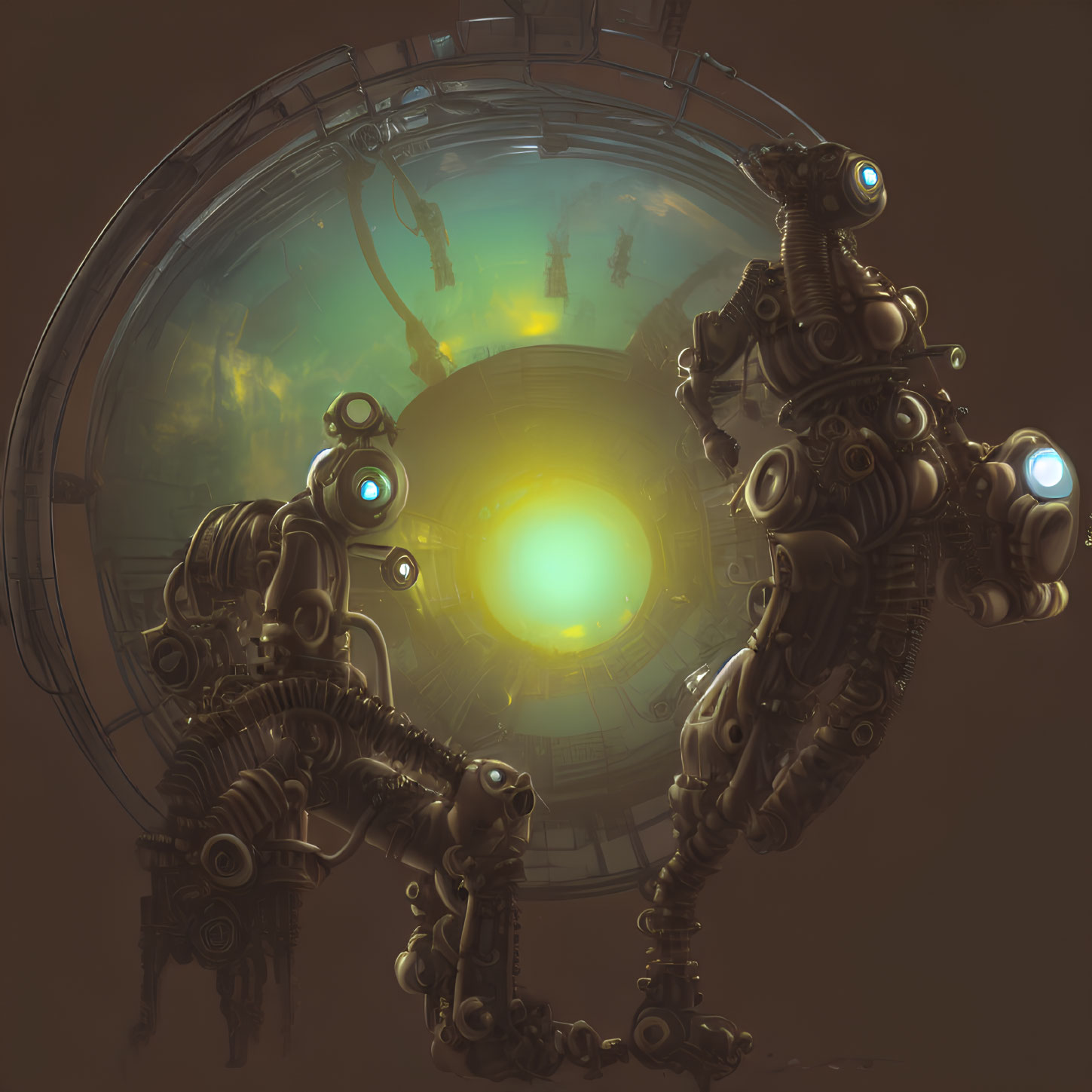 Steampunk-style robotic figure with glowing blue eyes and gears gazes at green orb in circular structure