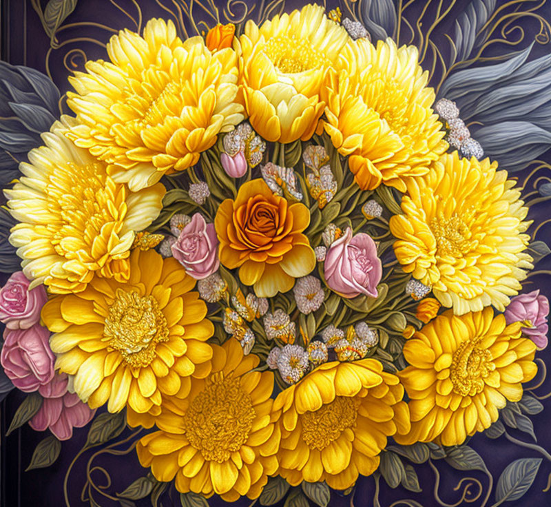 Vibrant Bouquet of Yellow Chrysanthemums and Roses