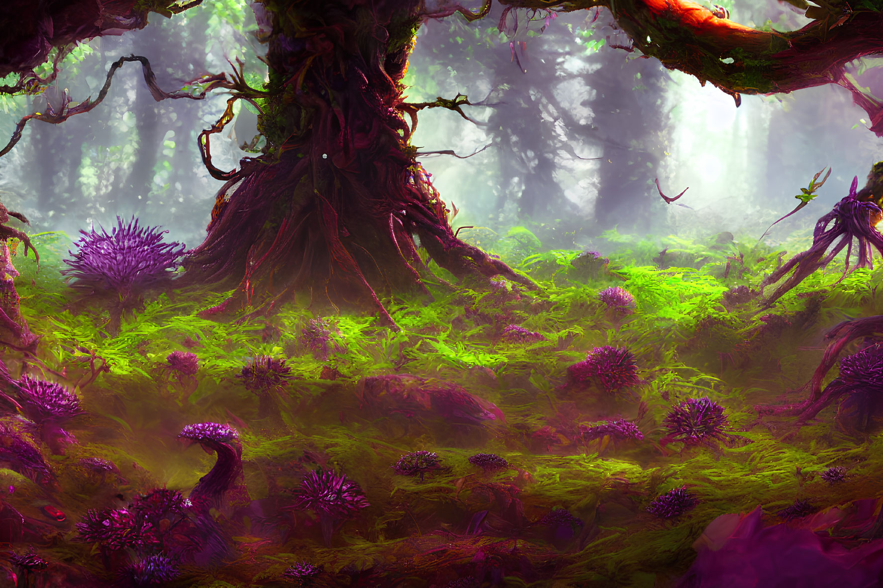 Enchanting forest scene with glowing purple flora and large tree