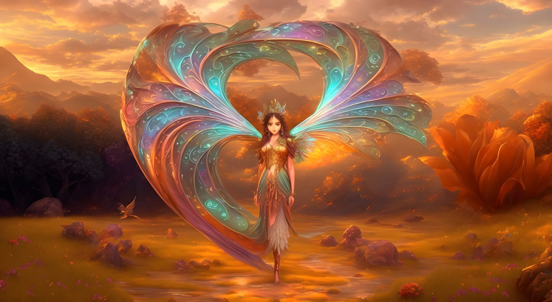 Colorful Fantasy Illustration: Woman with Elaborate Wings in Vibrant Sunset Landscape