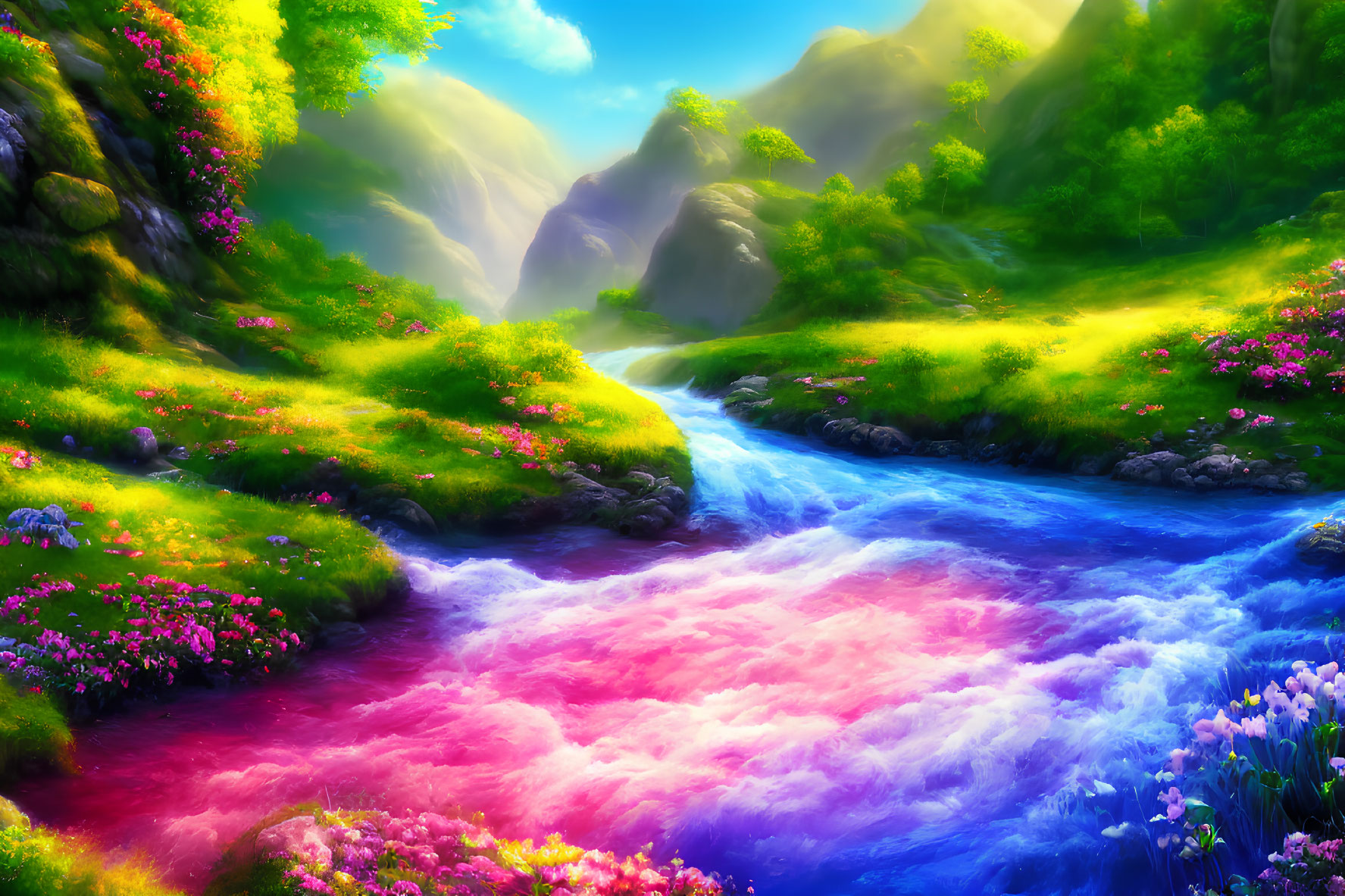 Colorful River Flowing Through Lush Valley with Hills