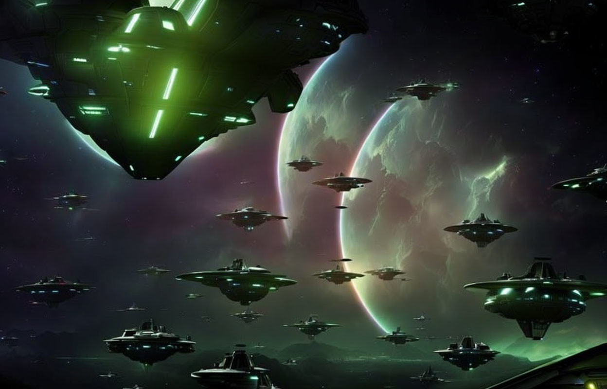 Spaceships in formation against vibrant green nebula and glowing ringed planet