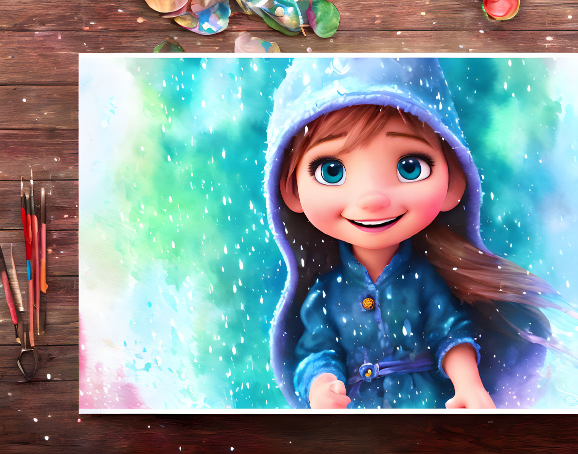 Animated young girl in blue coat with magical background and art supplies