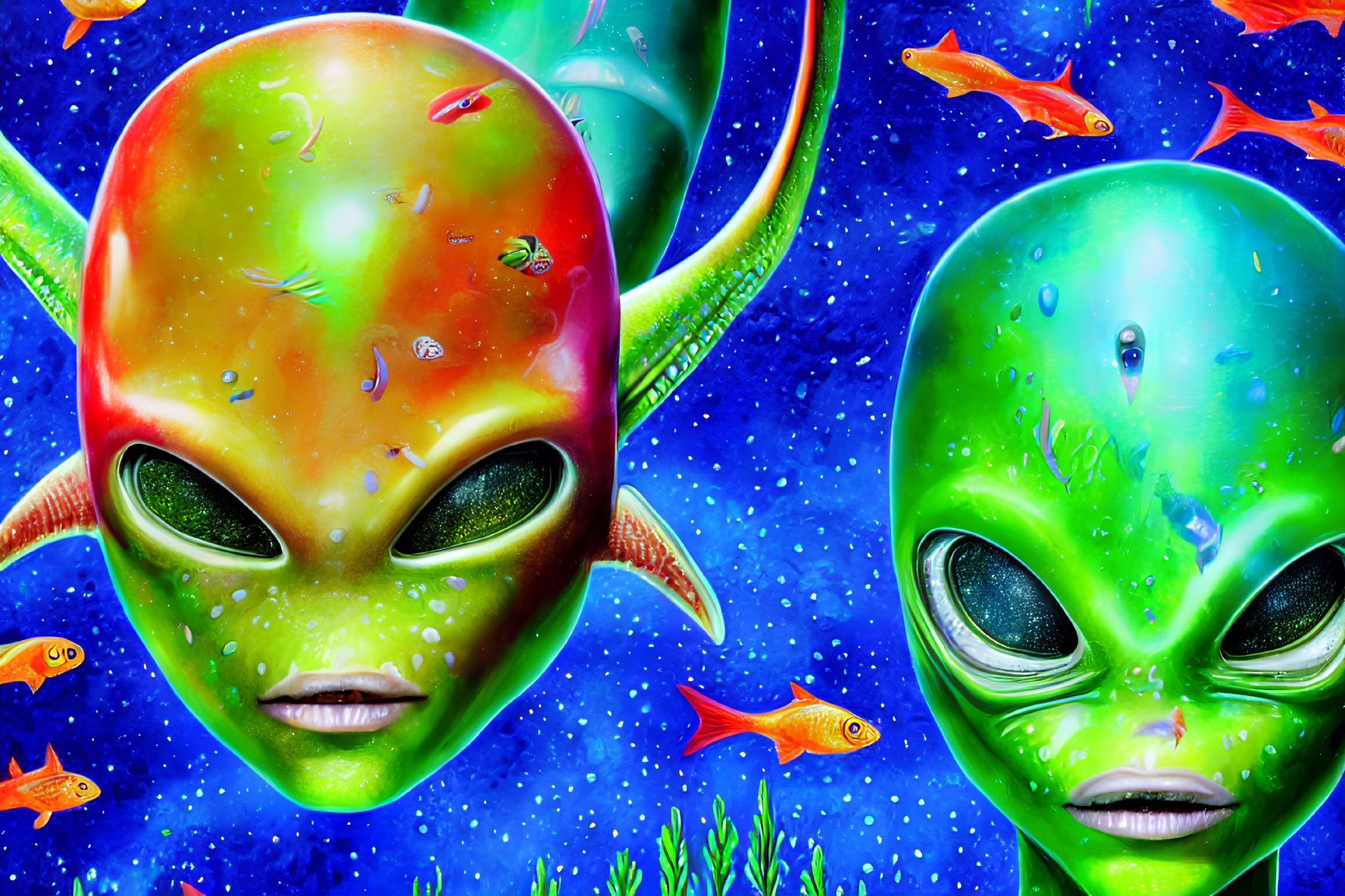 Colorful Alien Faces in Cosmic Setting with Fish-like Creatures