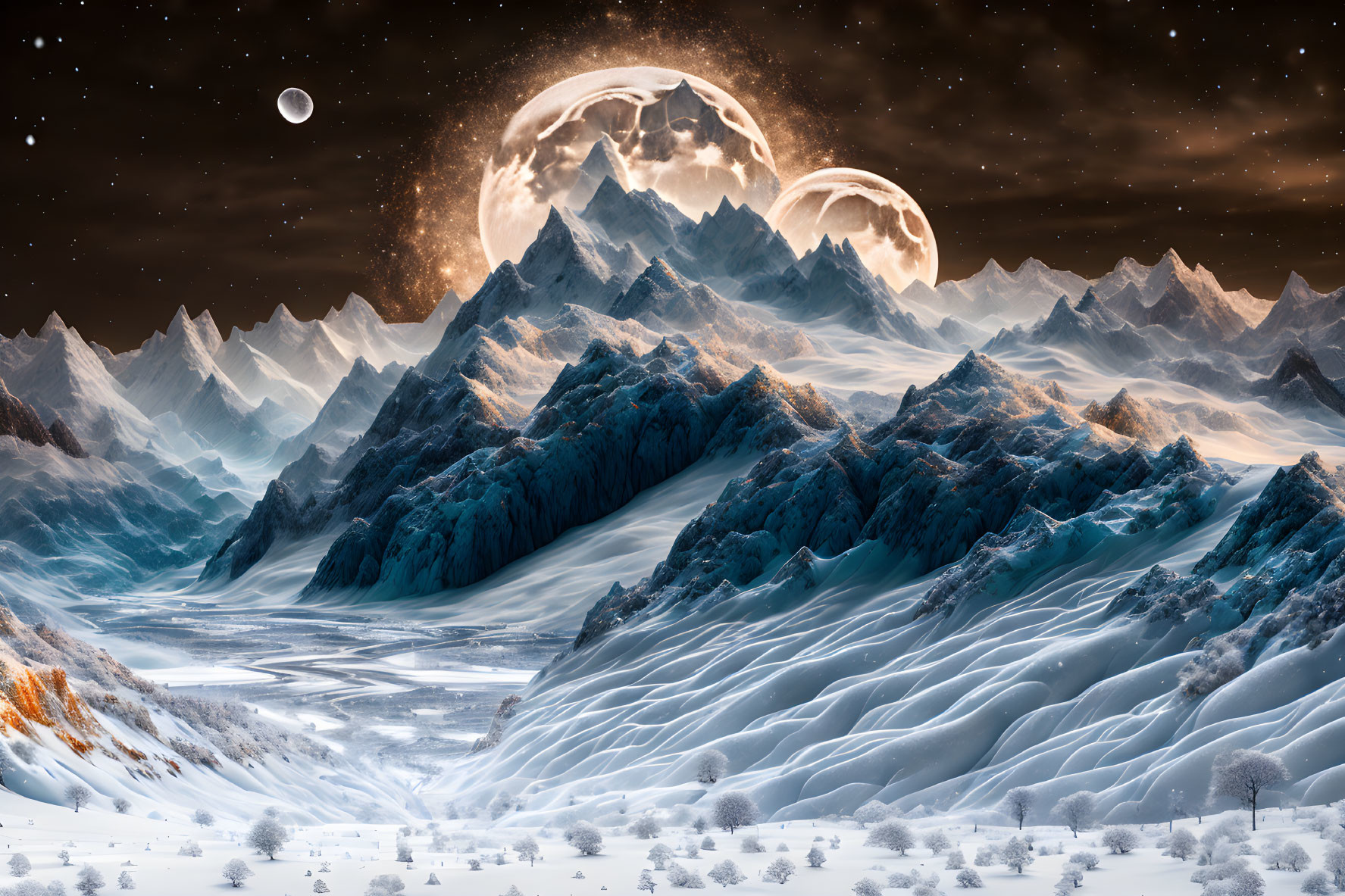 Surreal Winter Landscape with Snowy Mountains and Stars