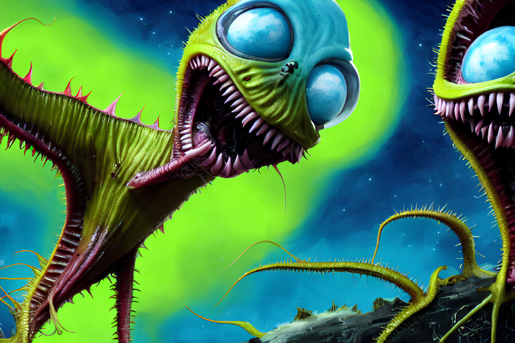 Colorful Cartoonish Alien Creatures in Cosmic Background