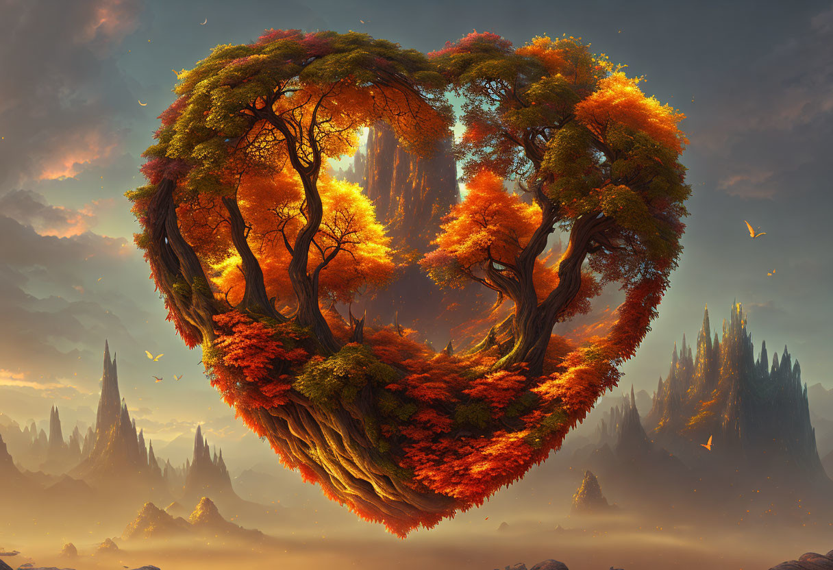 Heart-Shaped Trees in Vibrant Autumn Landscape