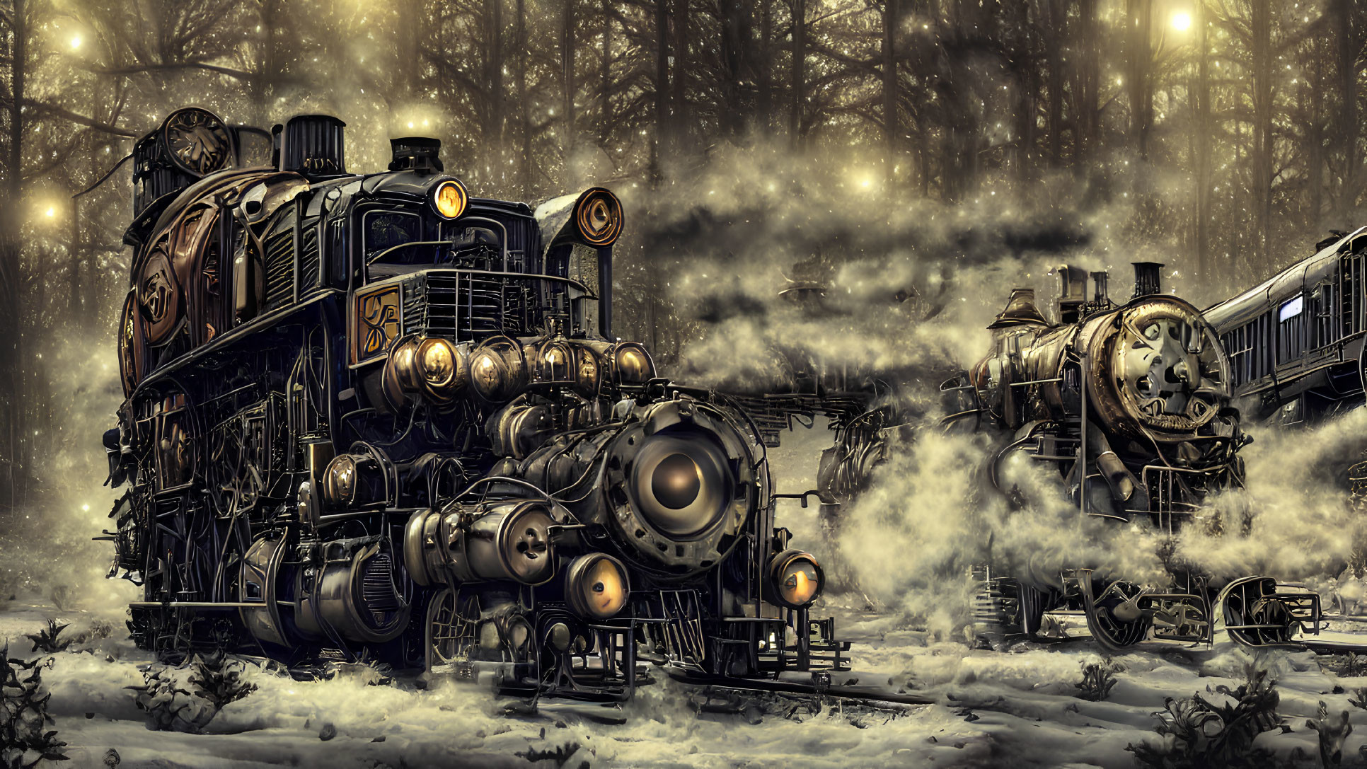 Detailed artistic portrayal of vintage steam locomotives in misty forest setting