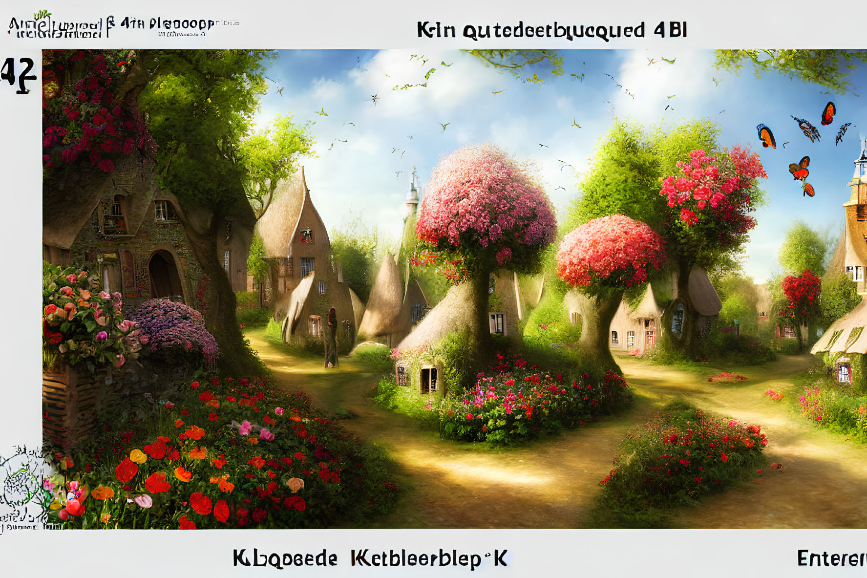 Scenic village with thatched-roof cottages, blooming trees, vibrant flowers, and flutter