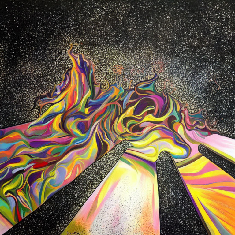 Colorful Abstract Painting: Rainbow Swirls on Starry Black Background