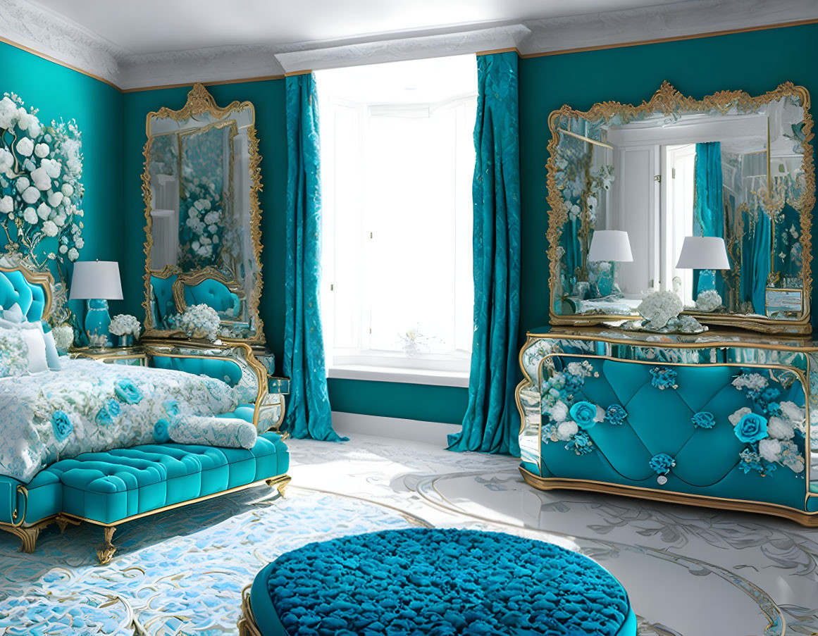 Luxurious Bedroom with Turquoise and Gold Accents