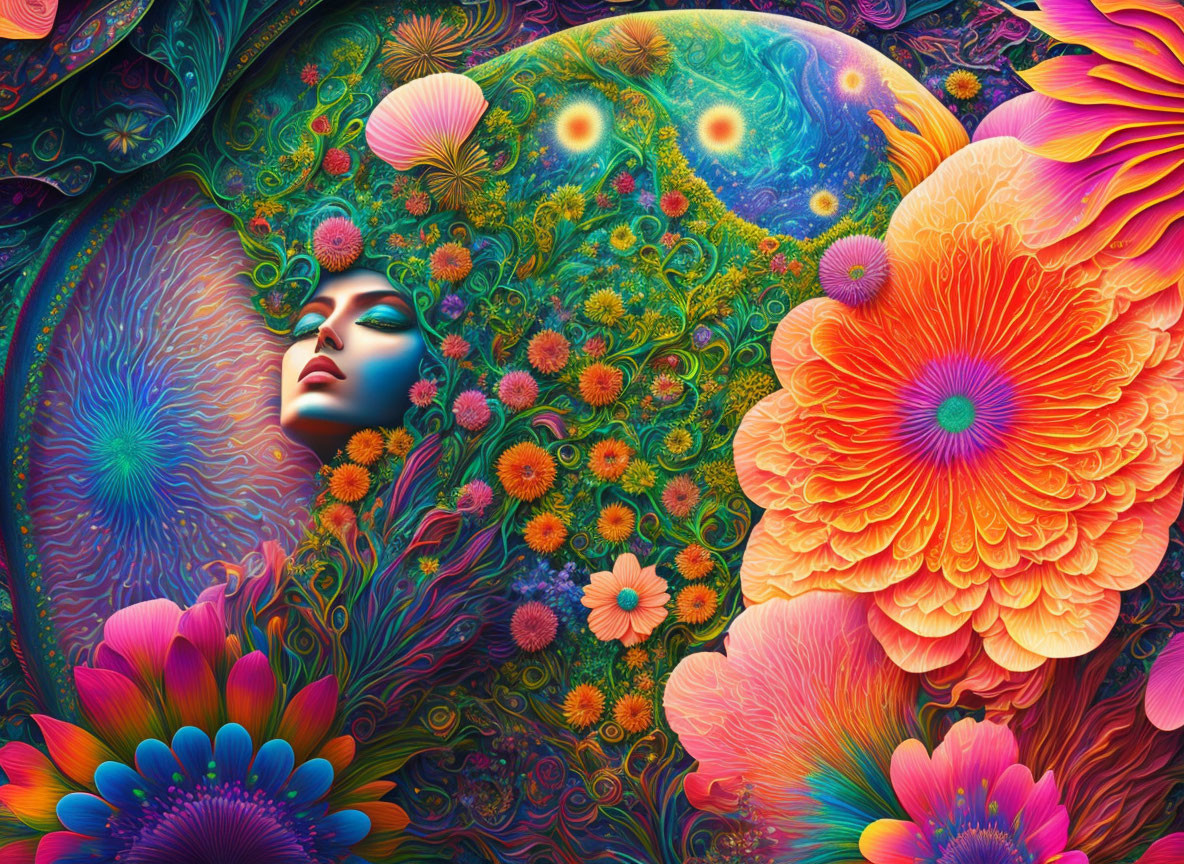 Colorful psychedelic illustration: Woman's face merges with floral and cosmic patterns