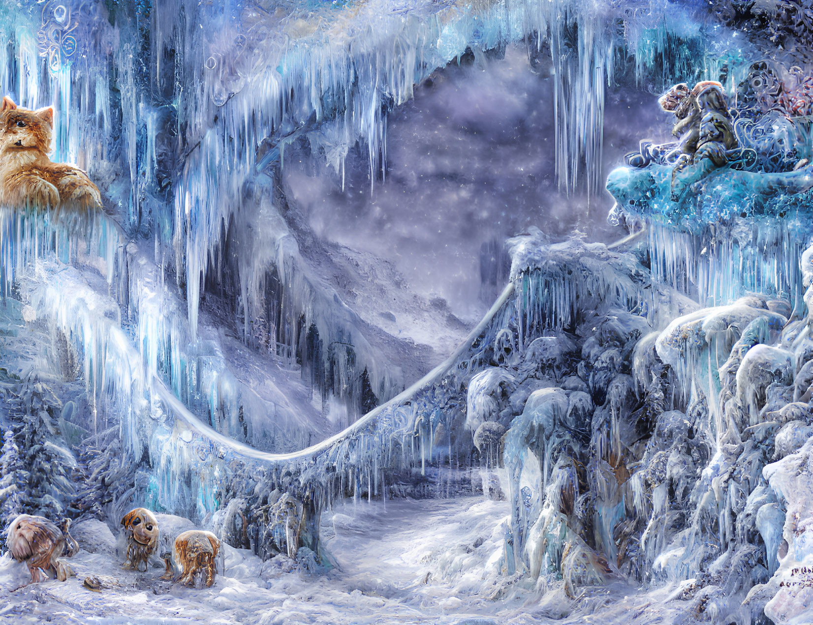 Fantastical icy landscape with animals and whimsical ice formations