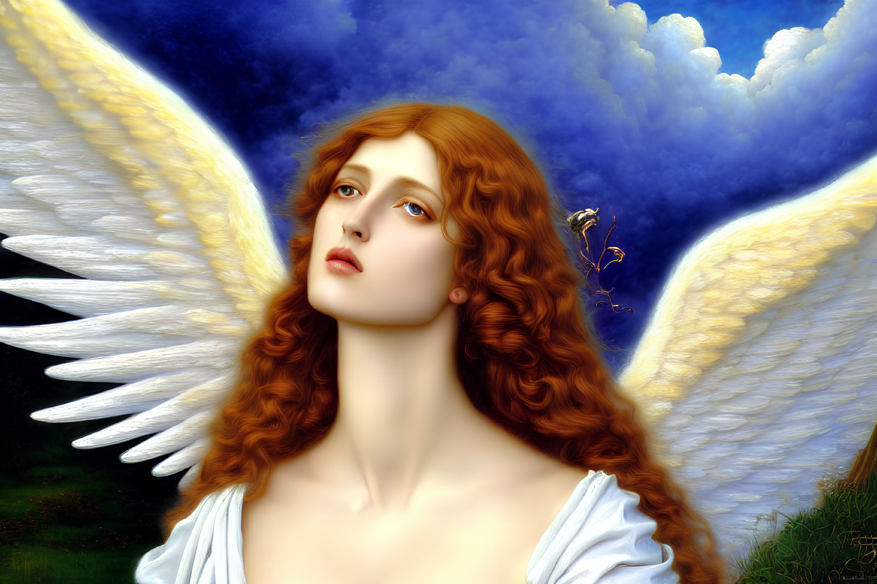 Ethereal figure with auburn hair and white wings in blue sky