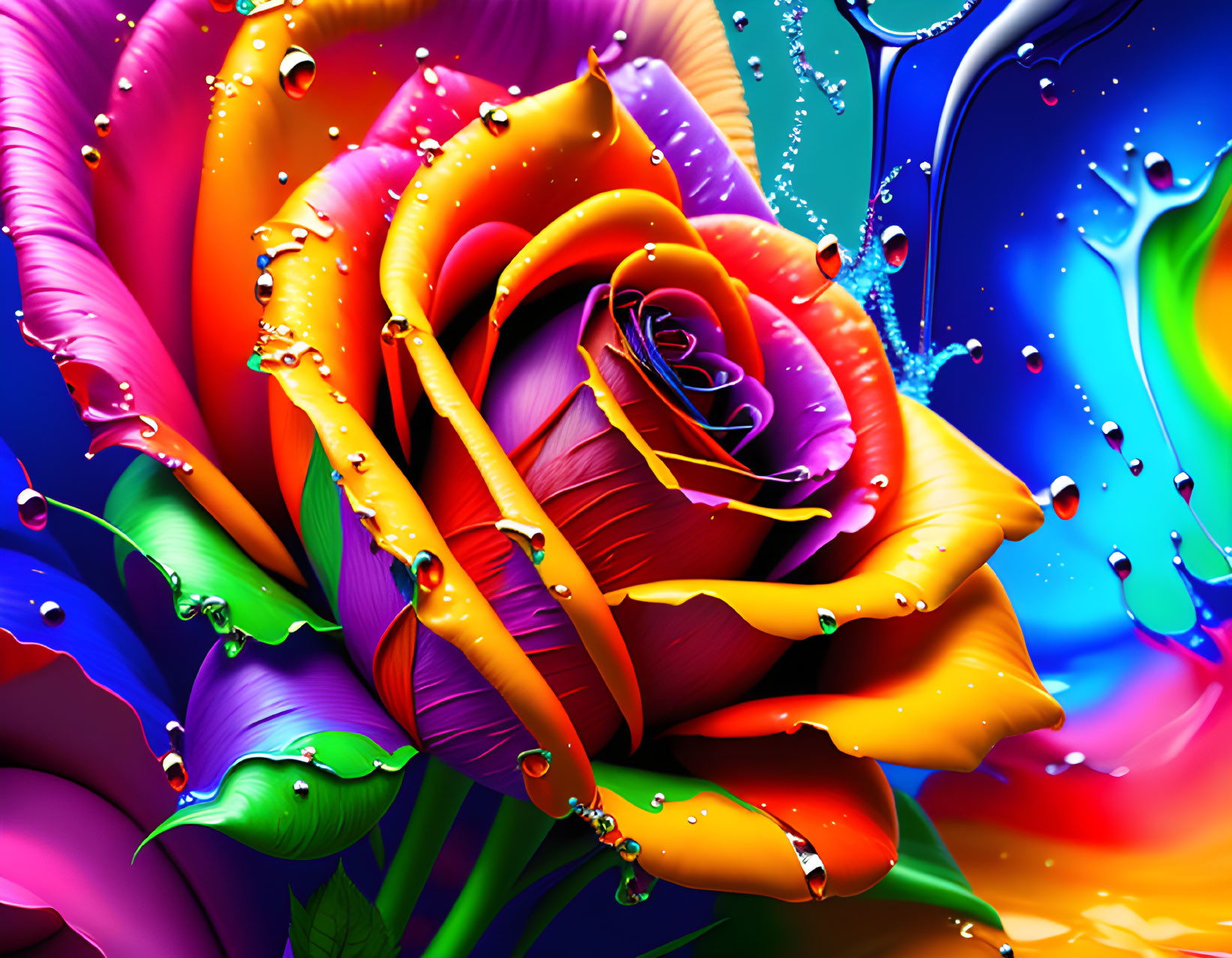 Multicolored Rose with Dew Droplets on Abstract Background