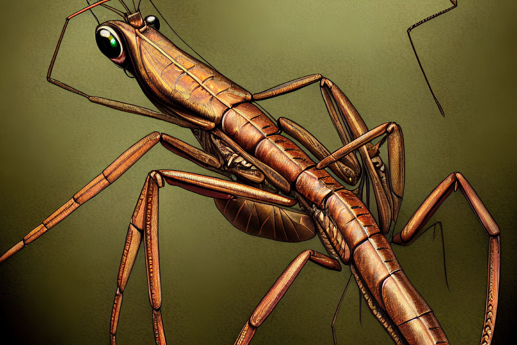 Detailed Digital Illustration of Brown Mantis's Segmented Body & Compound Eyes