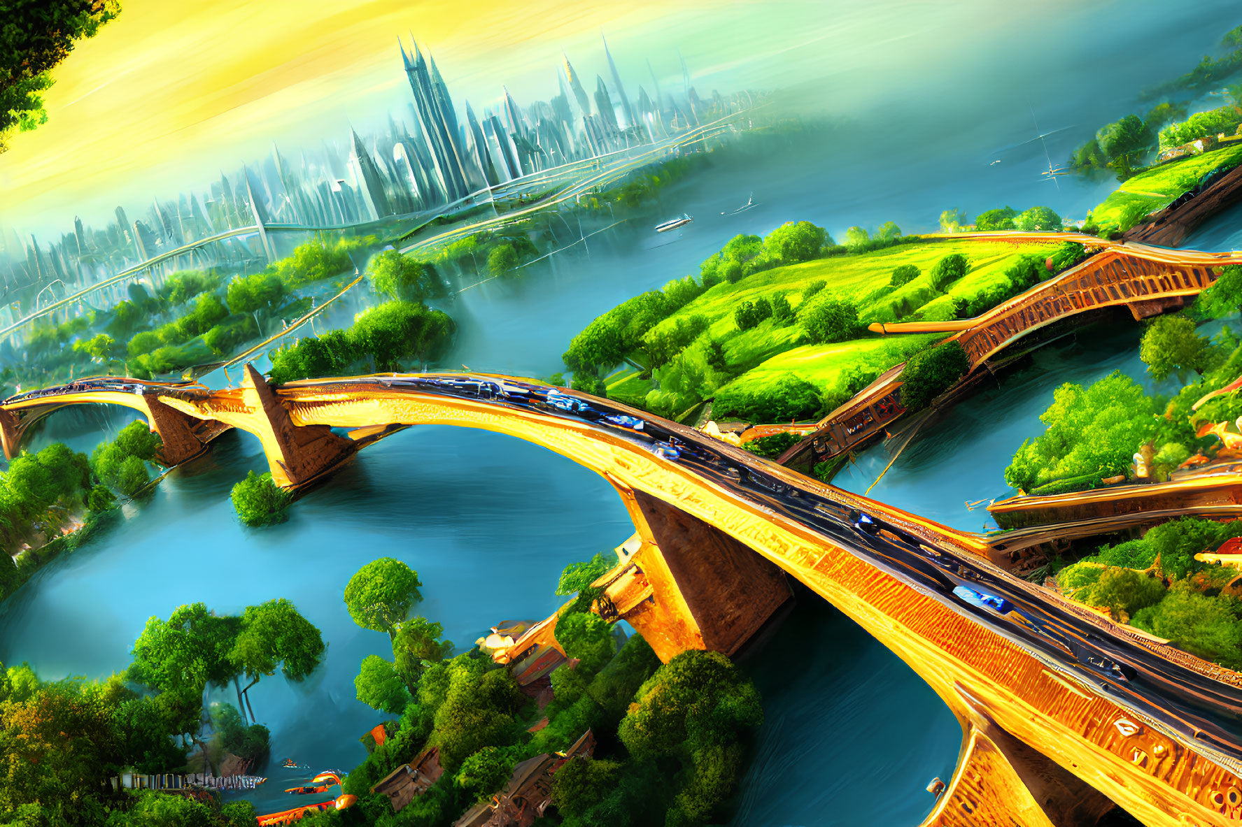 Futuristic cityscape with greenery, bridges, advanced buildings