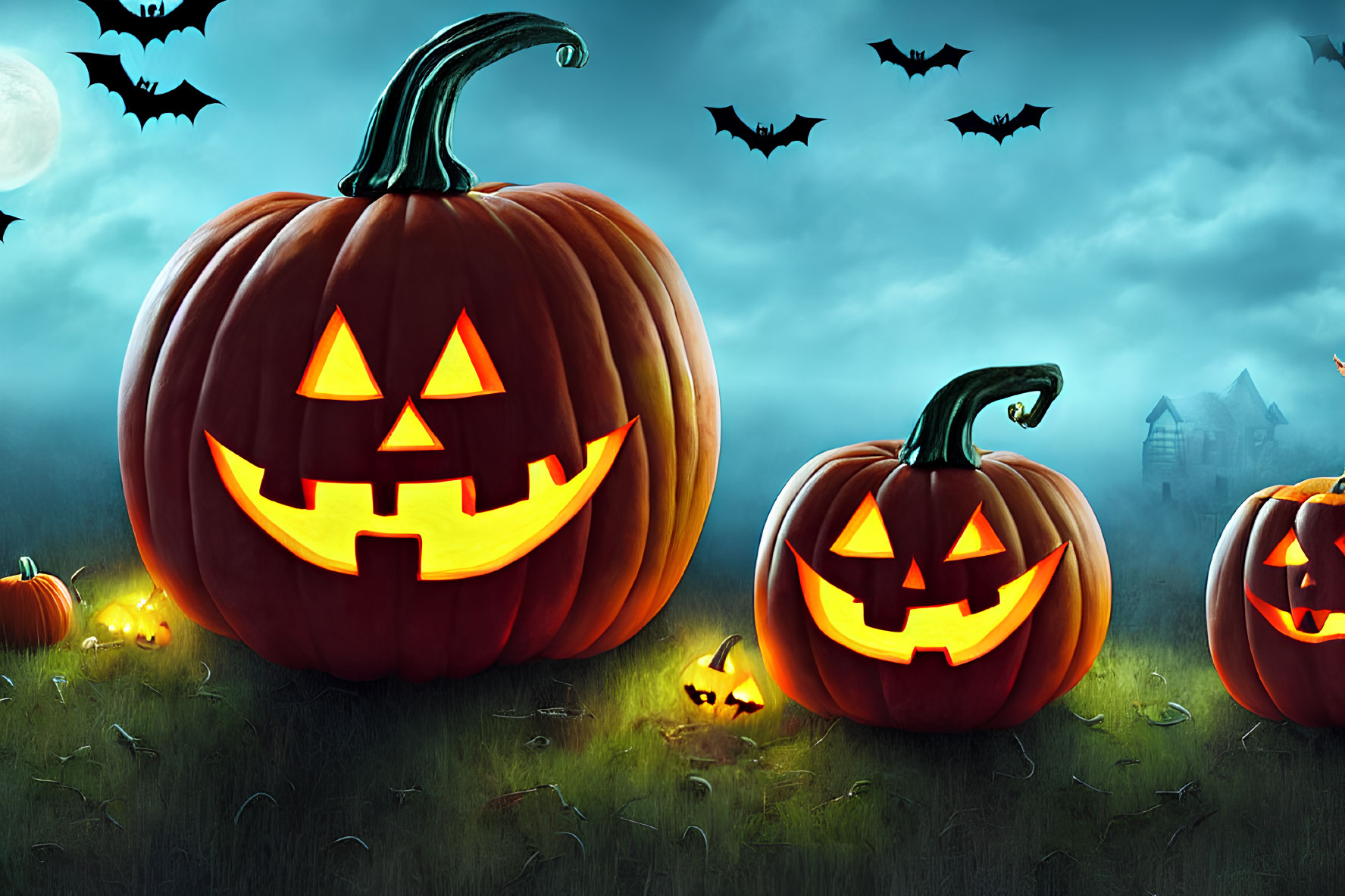 Spooky jack-o'-lanterns, bats, and haunted house on misty night field