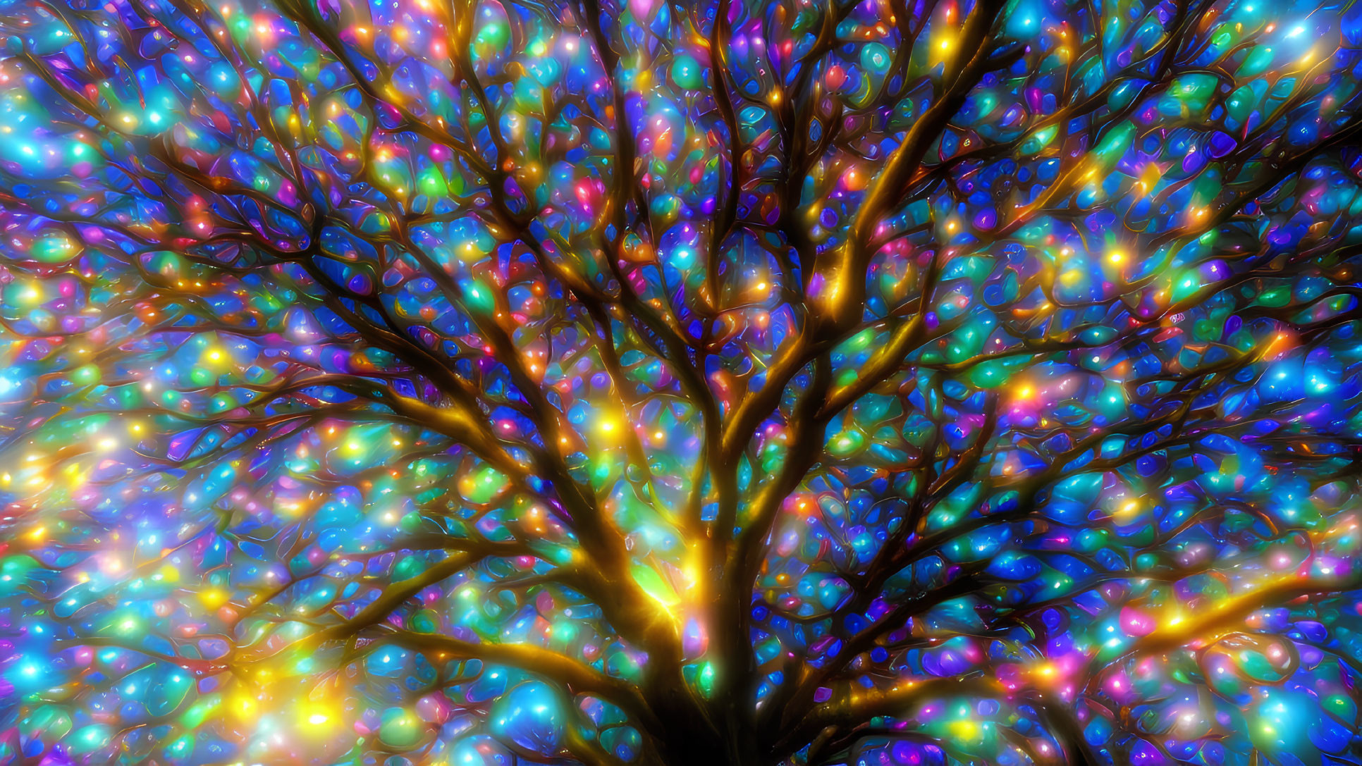 Colorful digital artwork: Glowing orbs illuminate tree branches