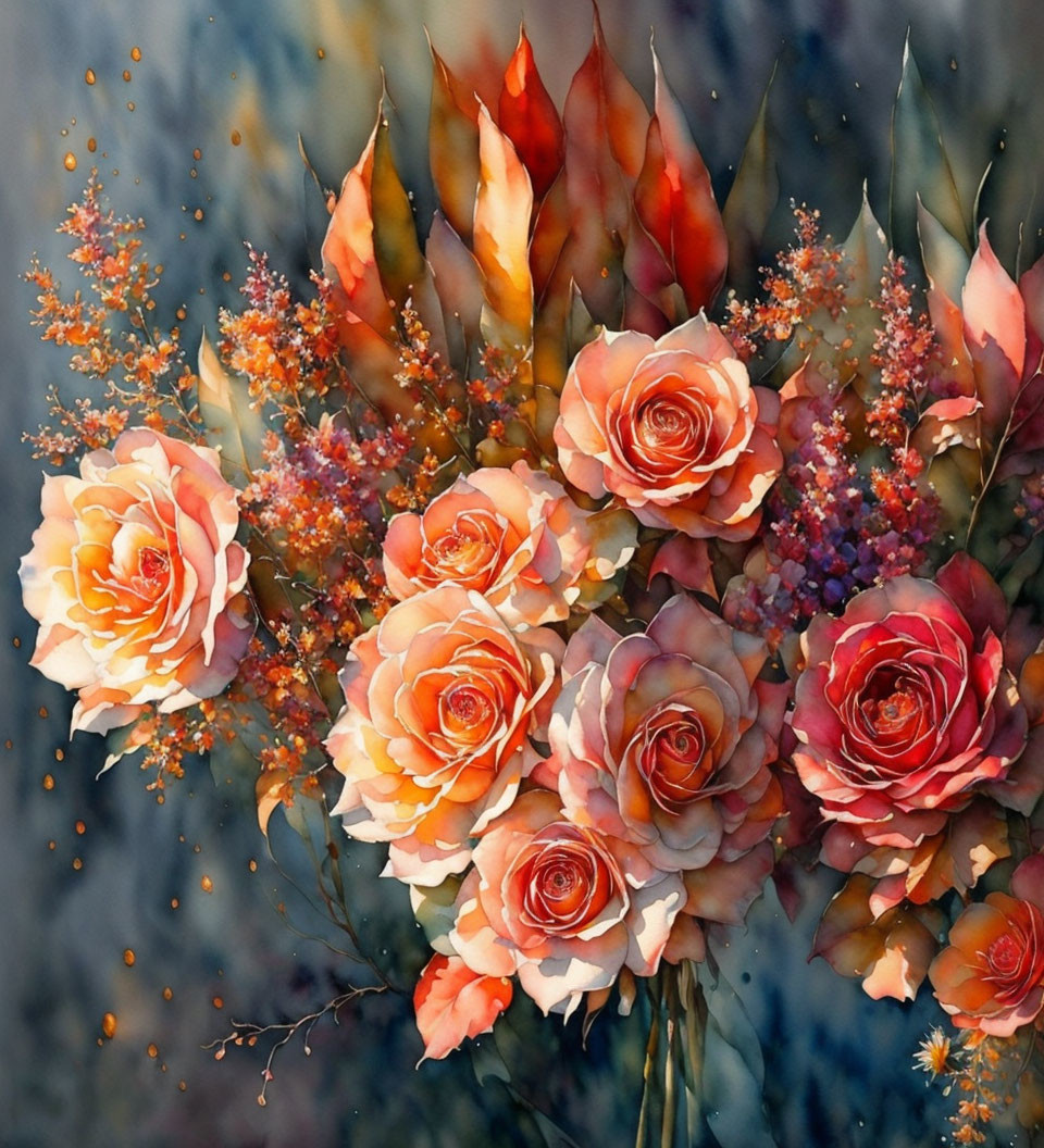 Vibrant painting of orange and pink roses on textured blue backdrop