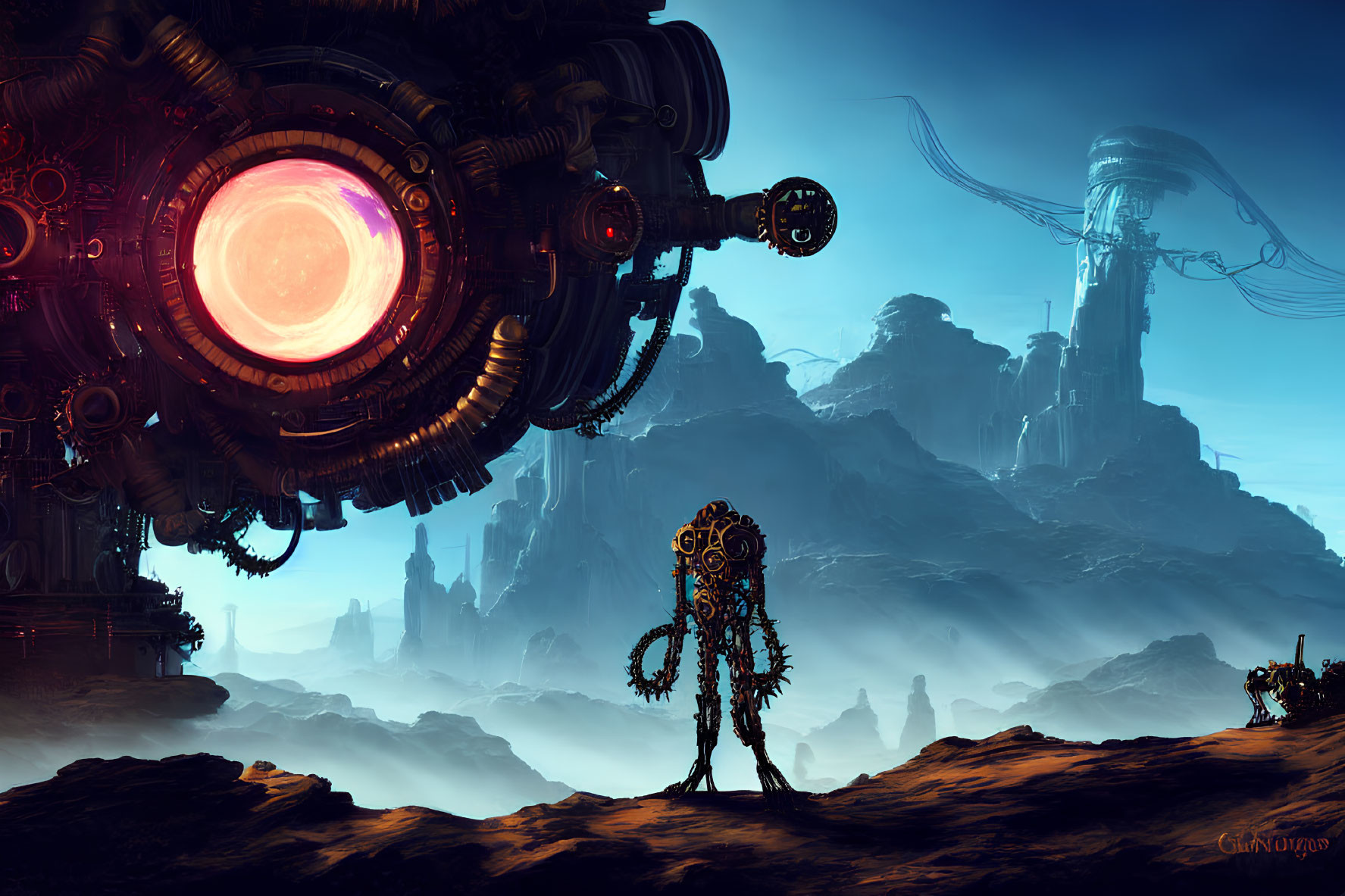 Futuristic landscape with circular mechanical structure, humanoid robot, rocky terrain, hazy blue sky