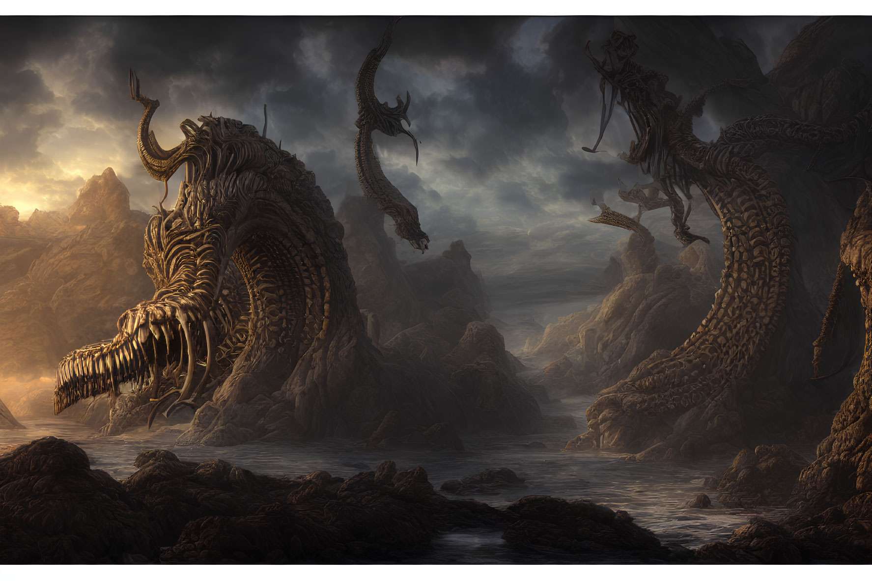 Skeletal creatures with tentacles in misty, rocky landscape