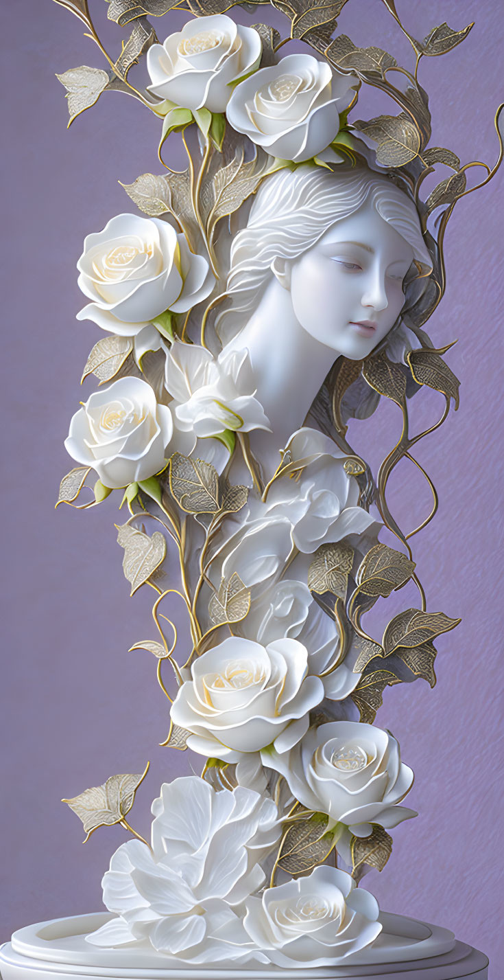 Sculpture of a female face with roses and vines
