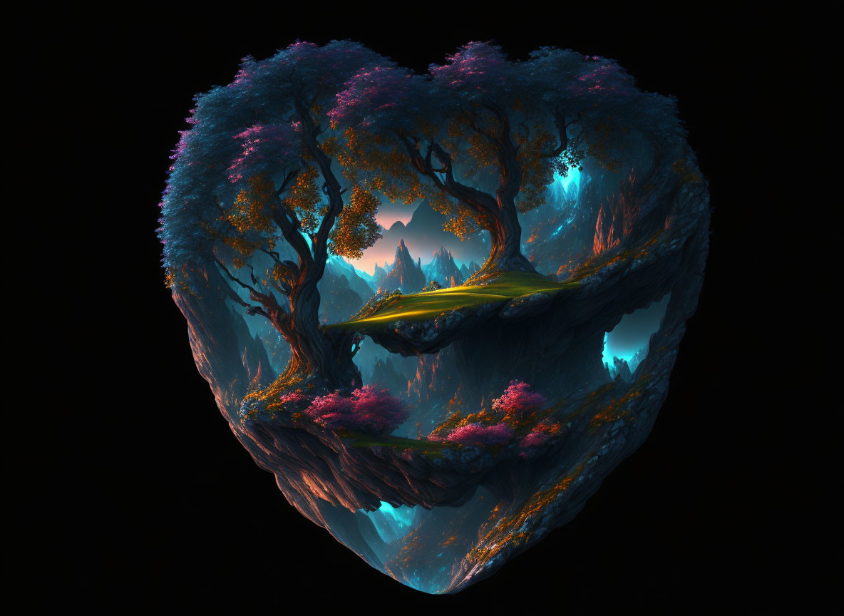 Heart-Shaped Fantastical Landscape with Colorful Foliage