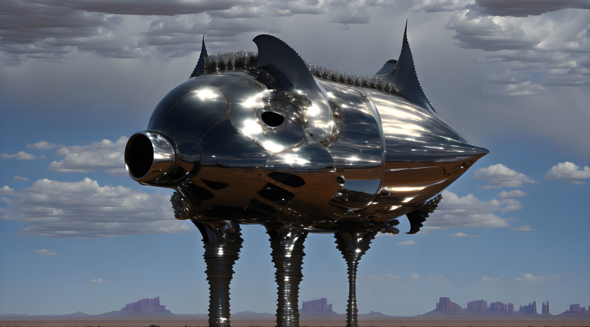 Futuristic Metallic Fish Structure Over Desert Landscape