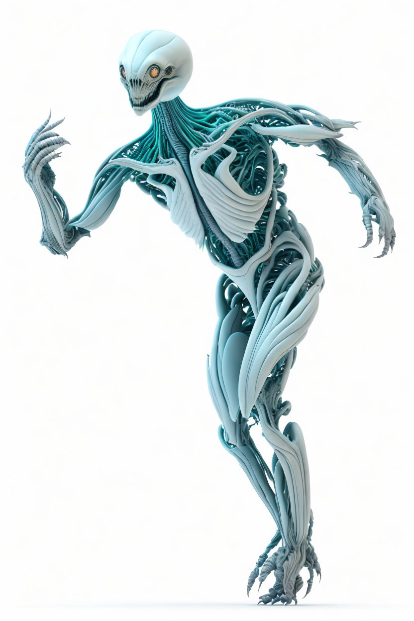 Surreal humanoid figure with elongated body and tendrils