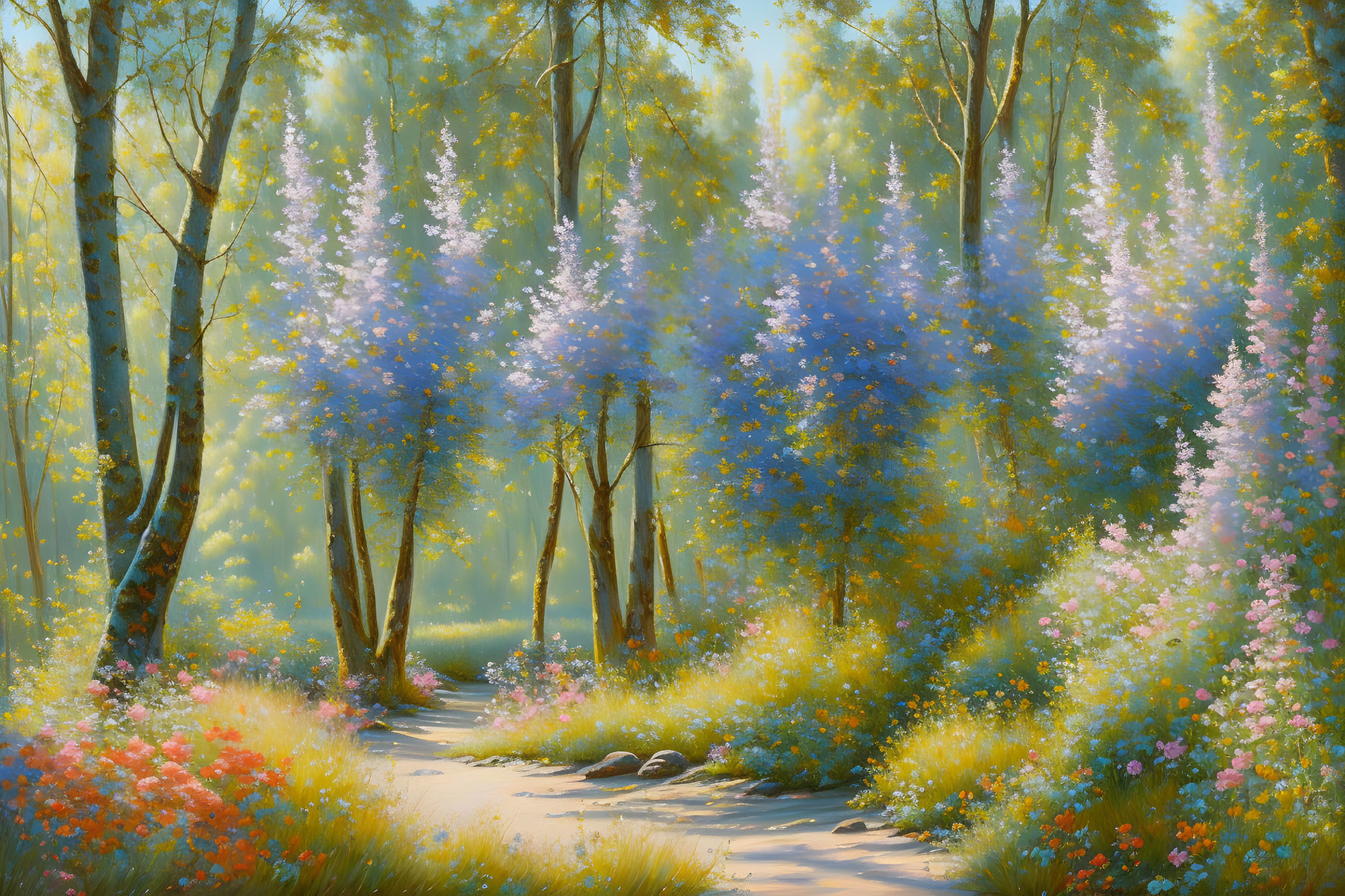 Tranquil forest scene with colorful flowers and birch trees