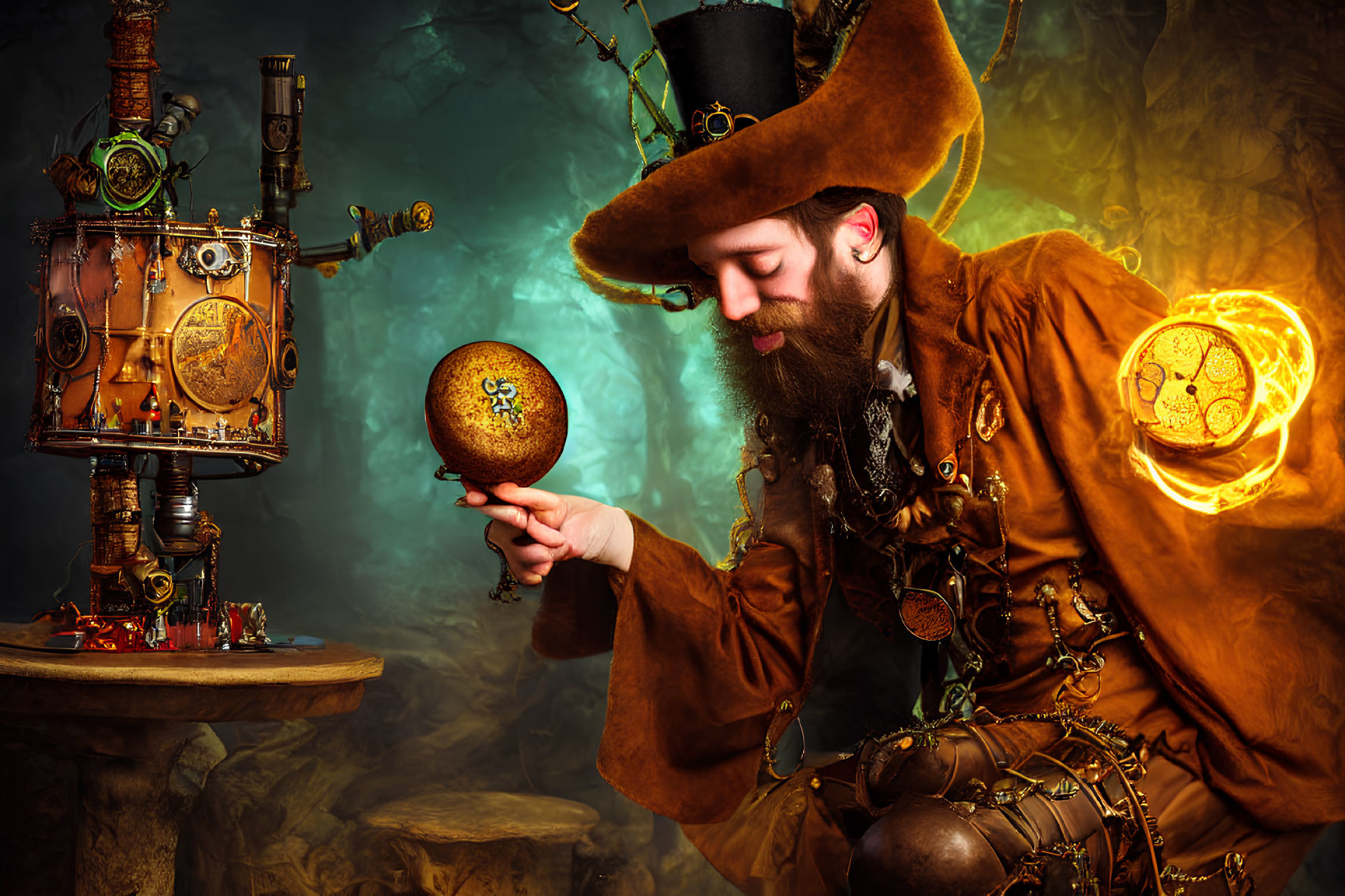 Steampunk-themed man with top hat and glowing orb in vintage setting