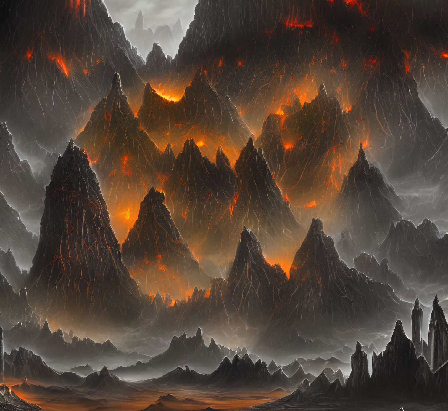 Dark, jagged mountains with glowing lava cracks under a foreboding sky