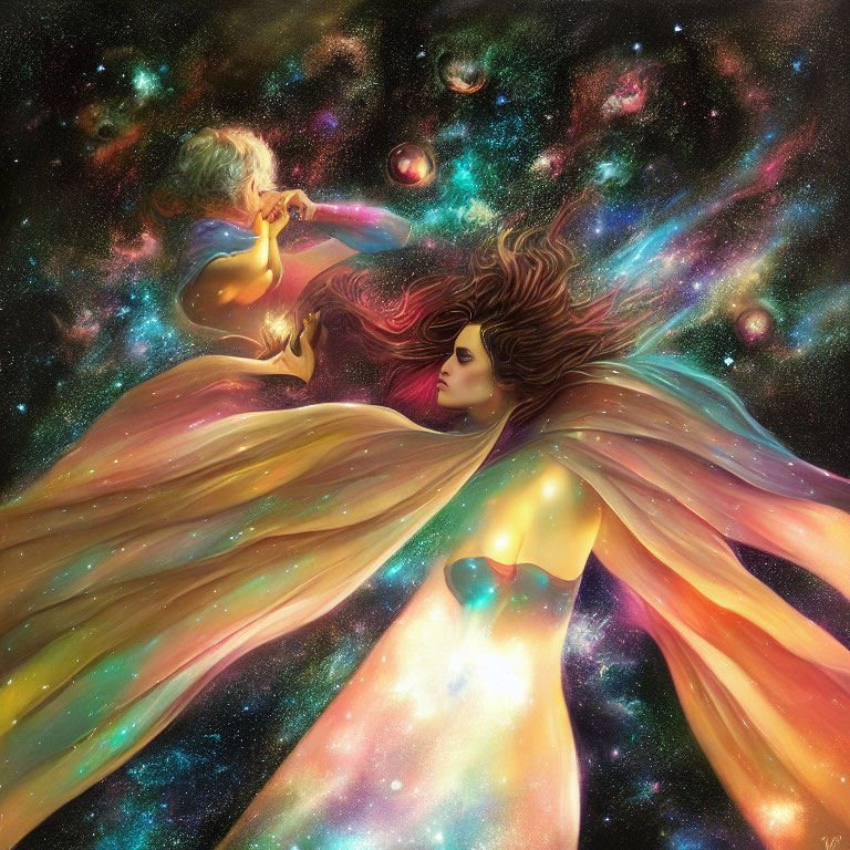 Artwork of child blowing bubbles transforming into planets with woman's hair and dress merging into cosmic backdrop.