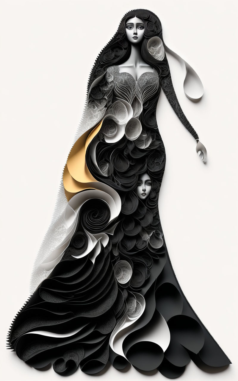 Black and white swirling pattern dresses on two figures against plain background