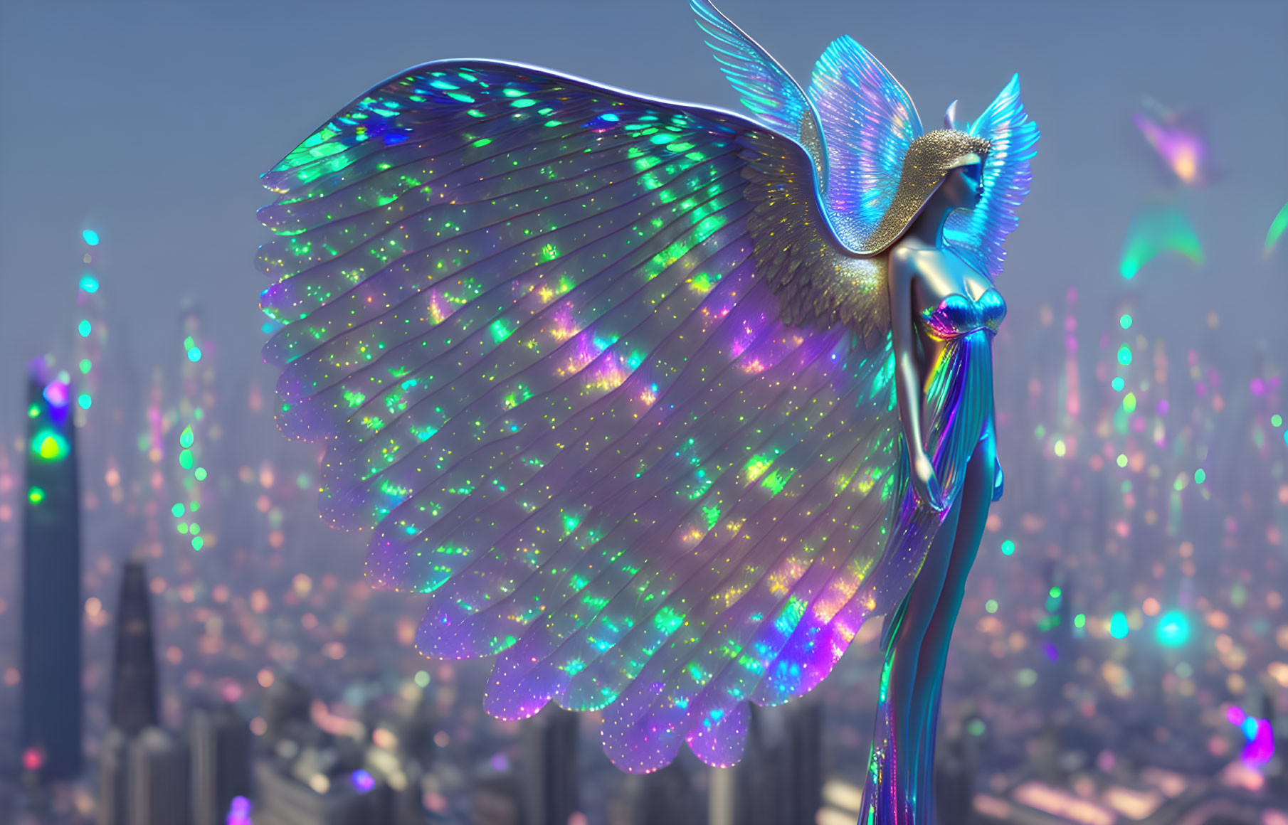 Futuristic angel figure in vibrant cityscape setting