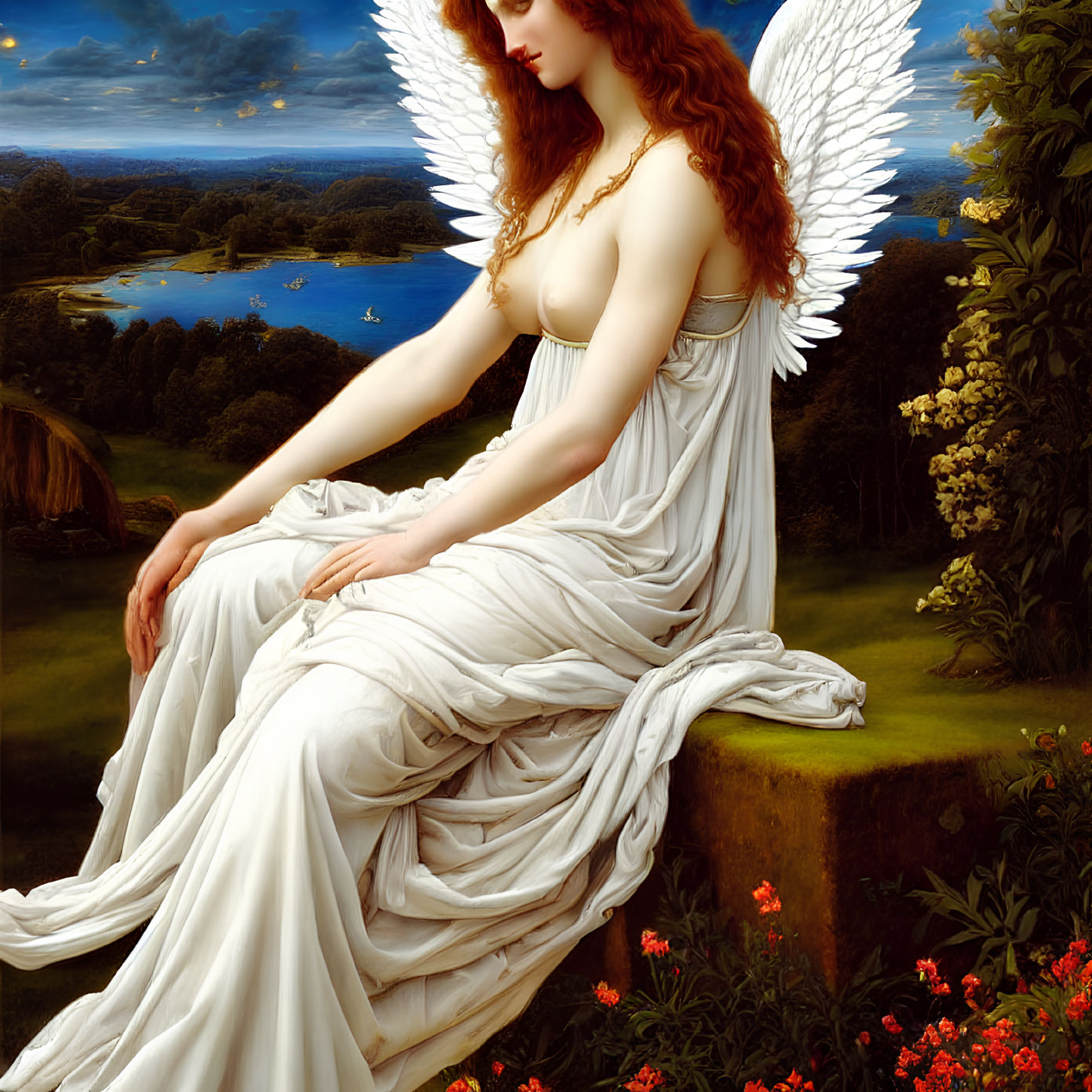 Red-haired angel with white wings in serene landscape wearing white robes