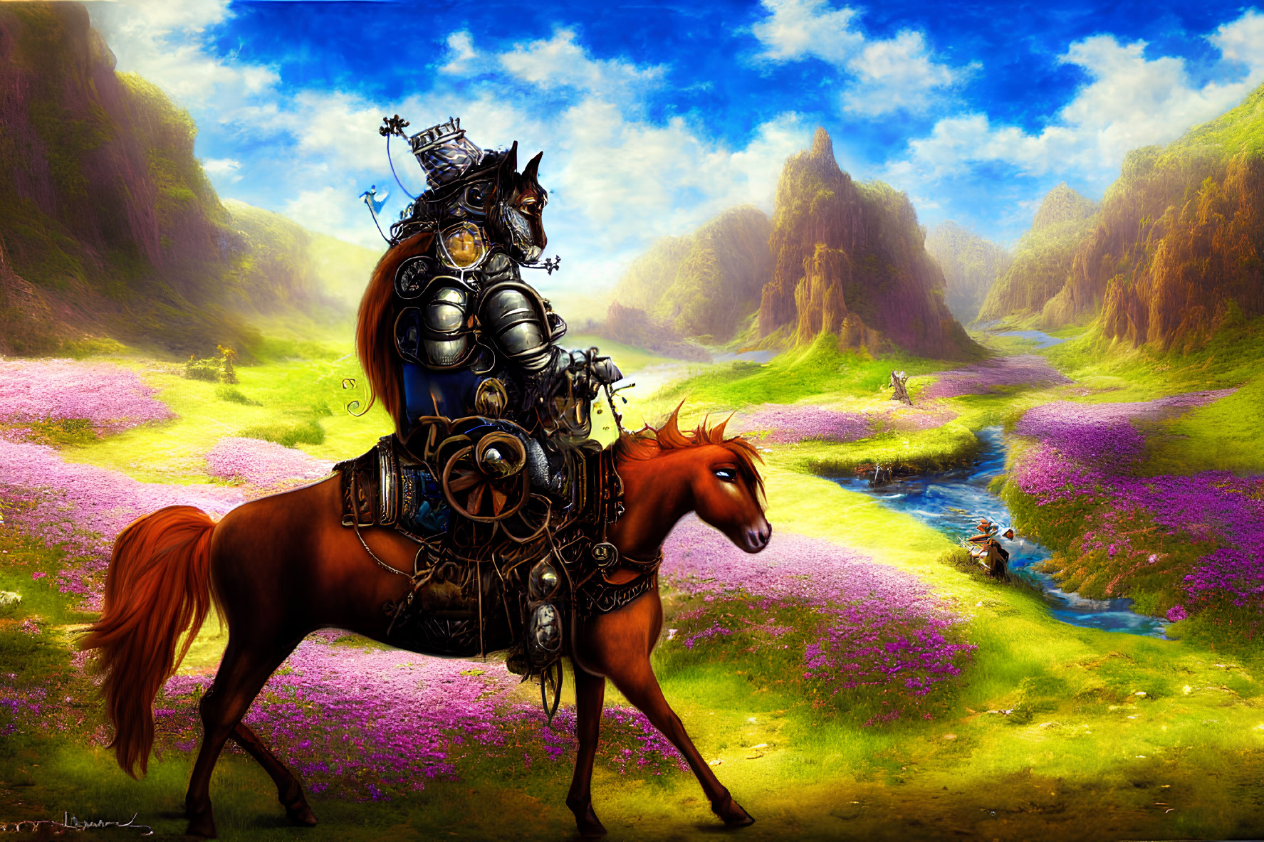 Armored knight on horse in flower-filled valley with river and mountains.