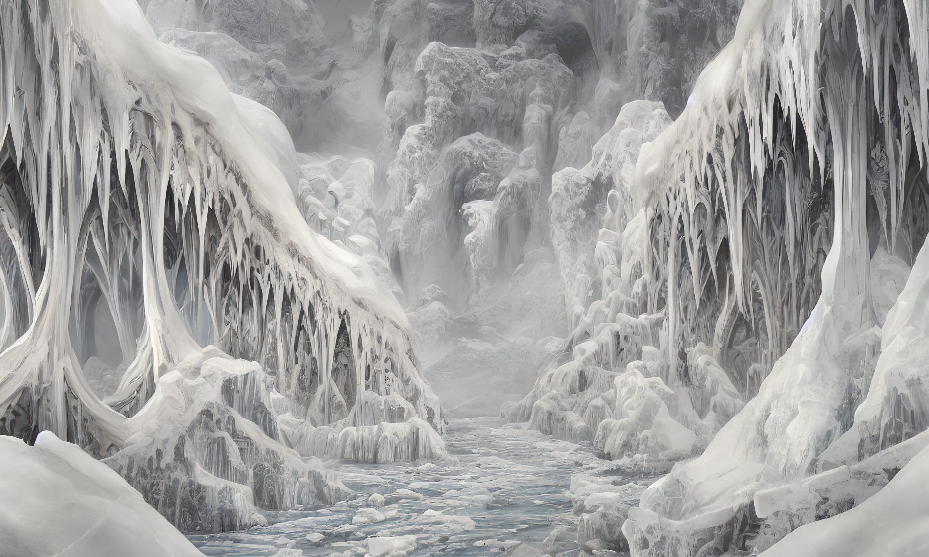 Frozen ice cave with hanging icicles and icy river view