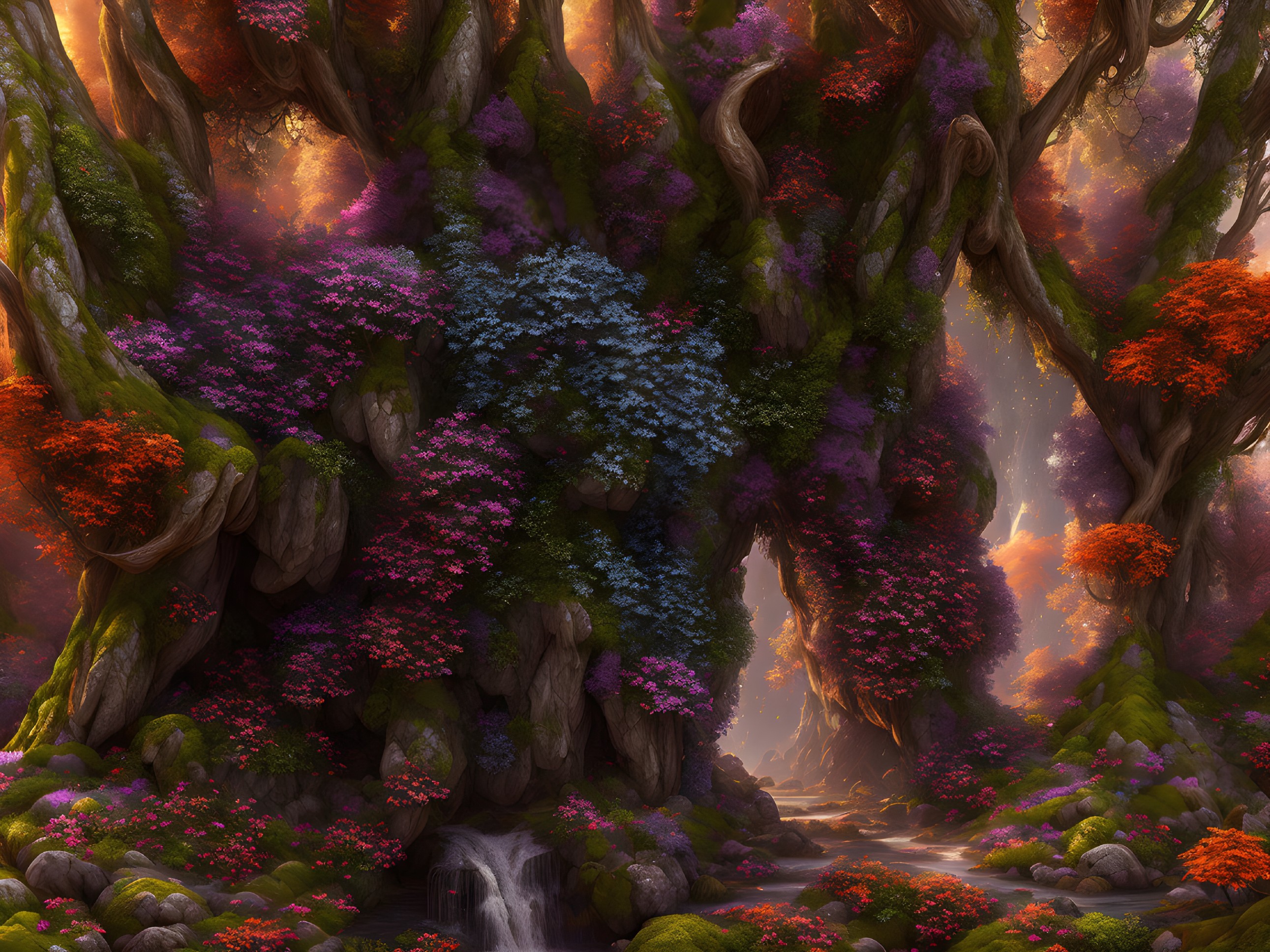 Vibrant purple and blue mystical forest with ancient trees and tranquil waterfall