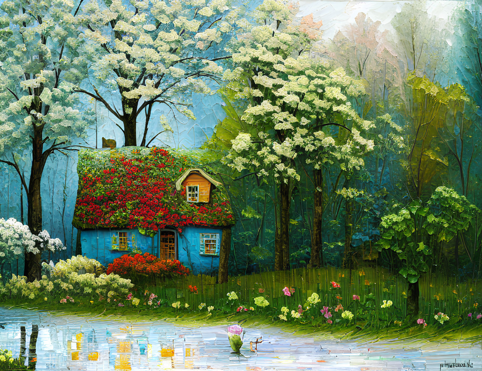 Tranquil painting of blue house with red roof in forest beside water