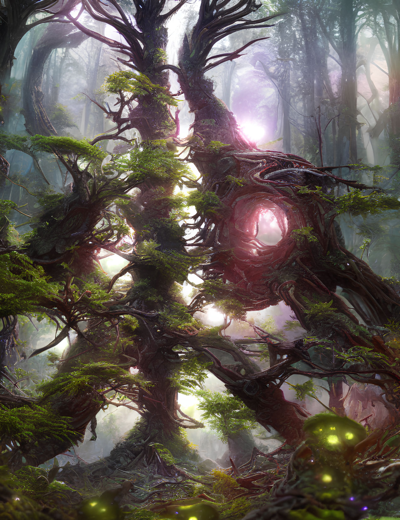 Mystical forest with ancient moss-covered trees and glowing orbs