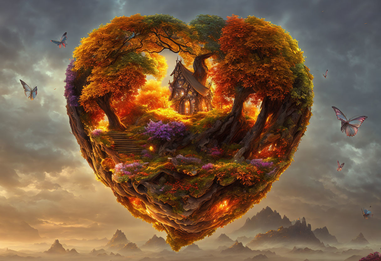 Whimsical Heart-Shaped Landscape with Cozy Cottage