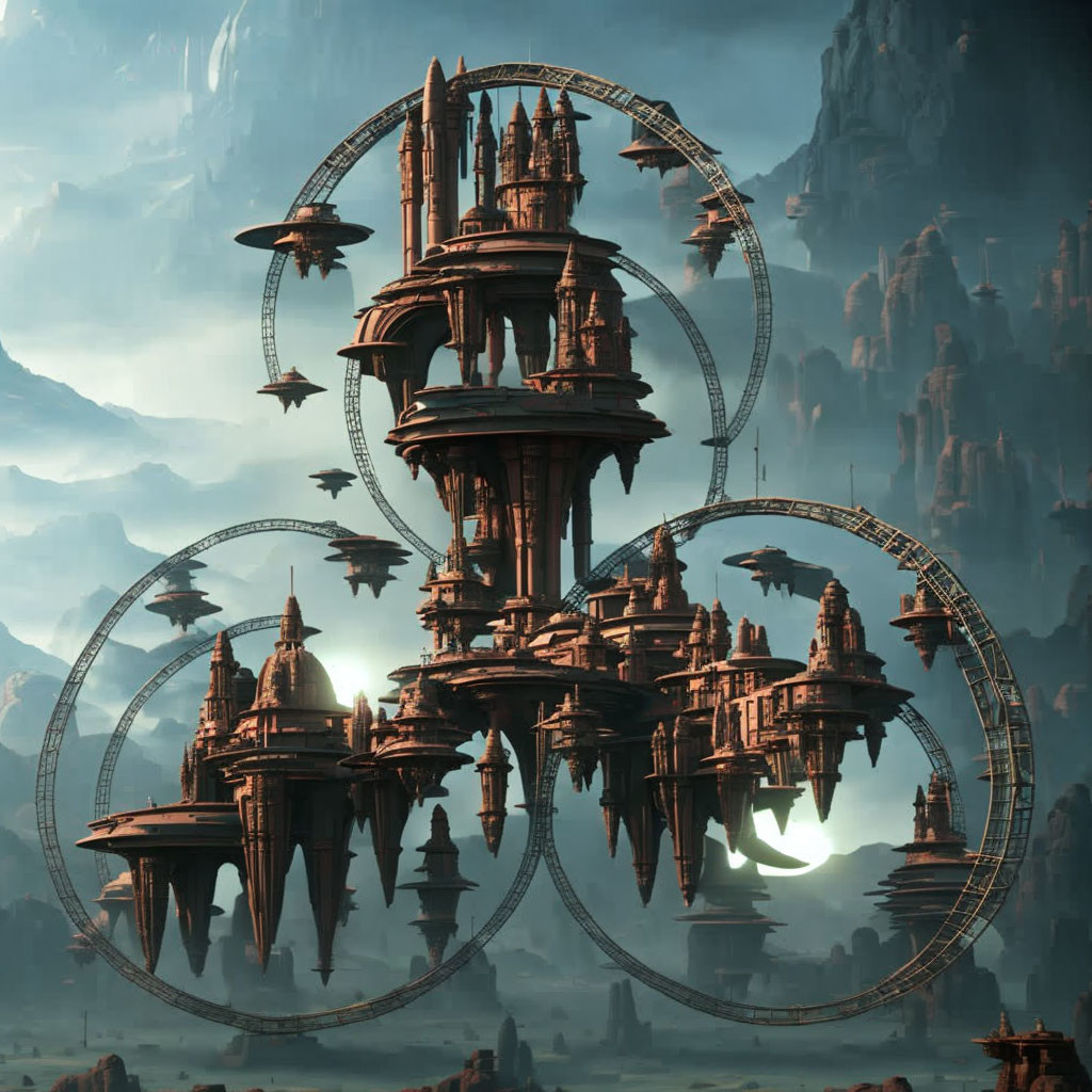 Futuristic cityscape among mountains and misty clouds